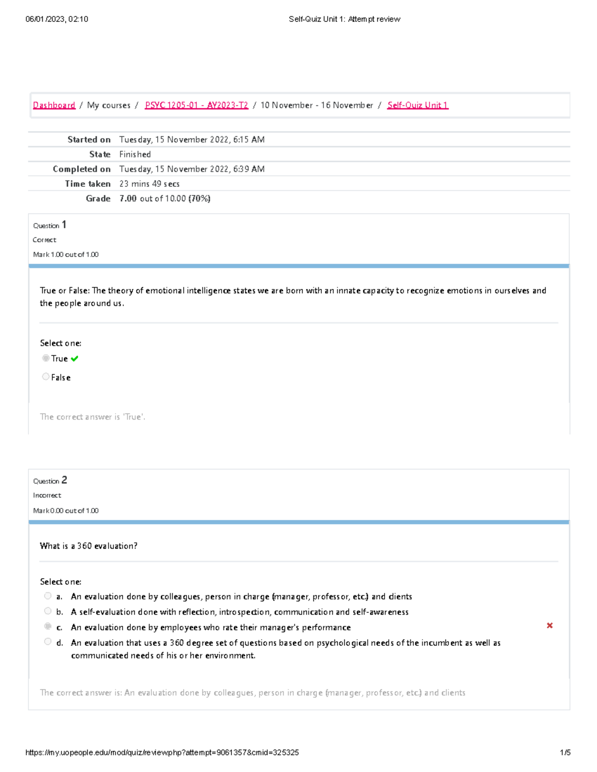 PSYC Self-Quiz Unit 1 Attempt Review - Started On Tuesday, 15 November ...