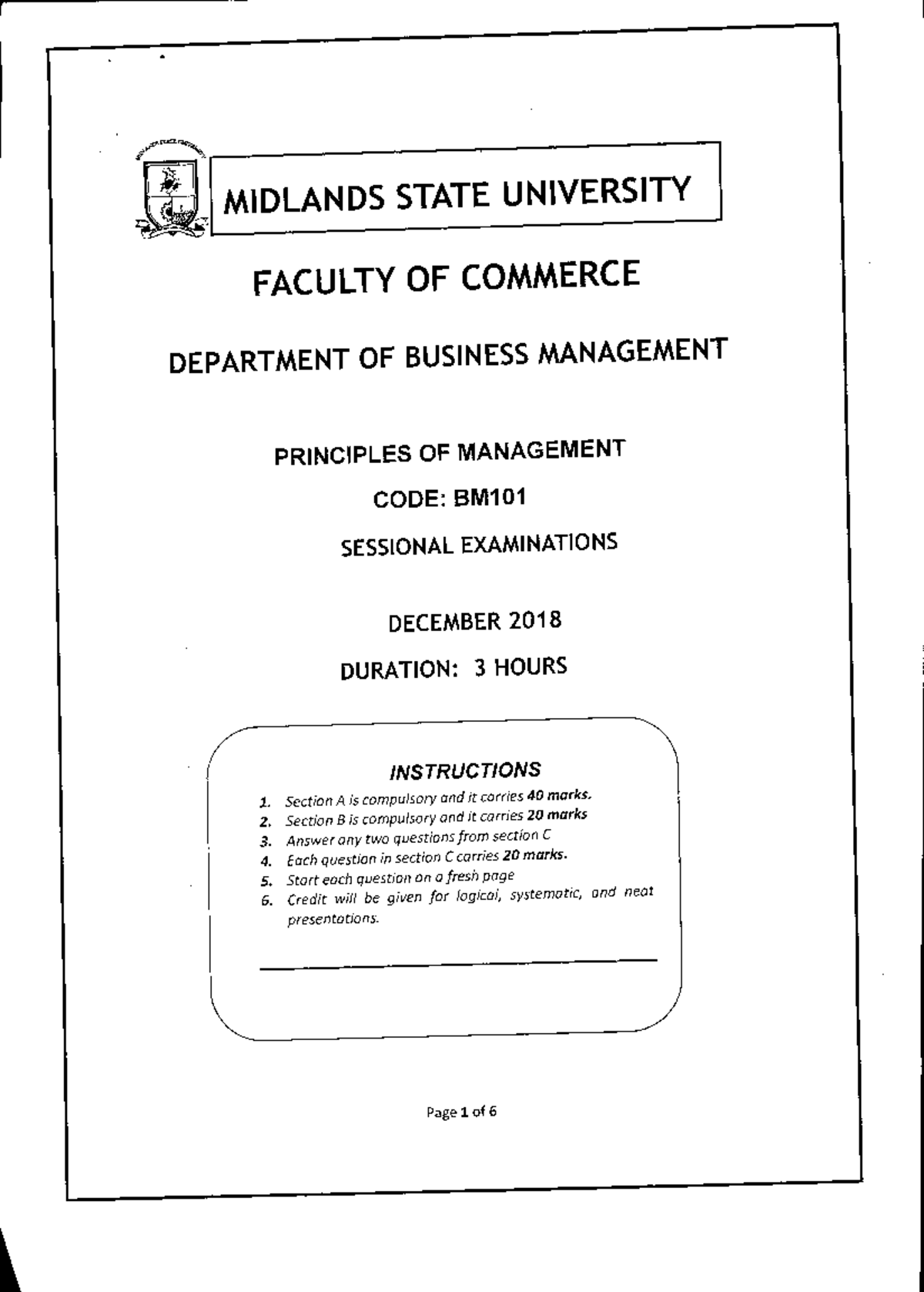 Exam 16 2018, Questions - • MIDLANDS STATE UNIVERSITY FACULTY OF ...