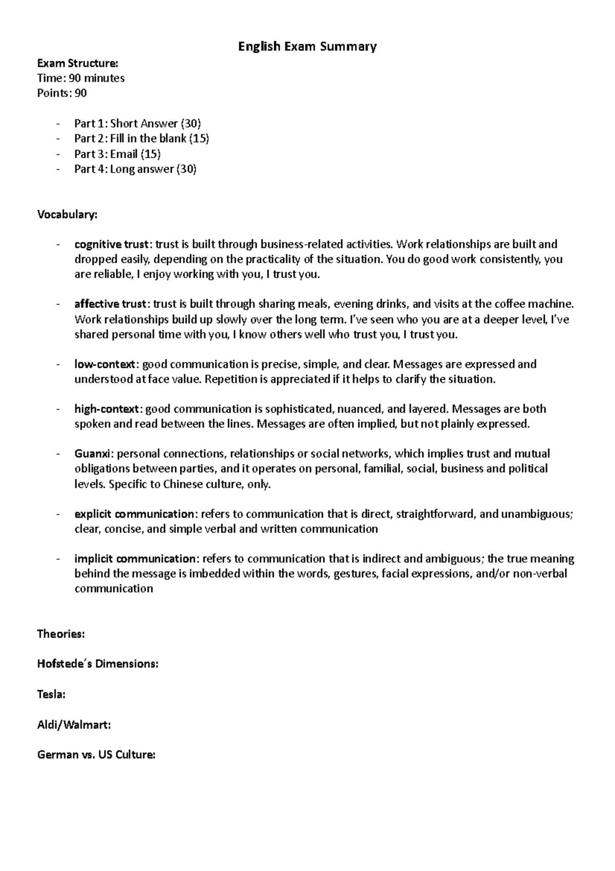 English Exam Summary - Klausurvorbereitung für Business Communication ...