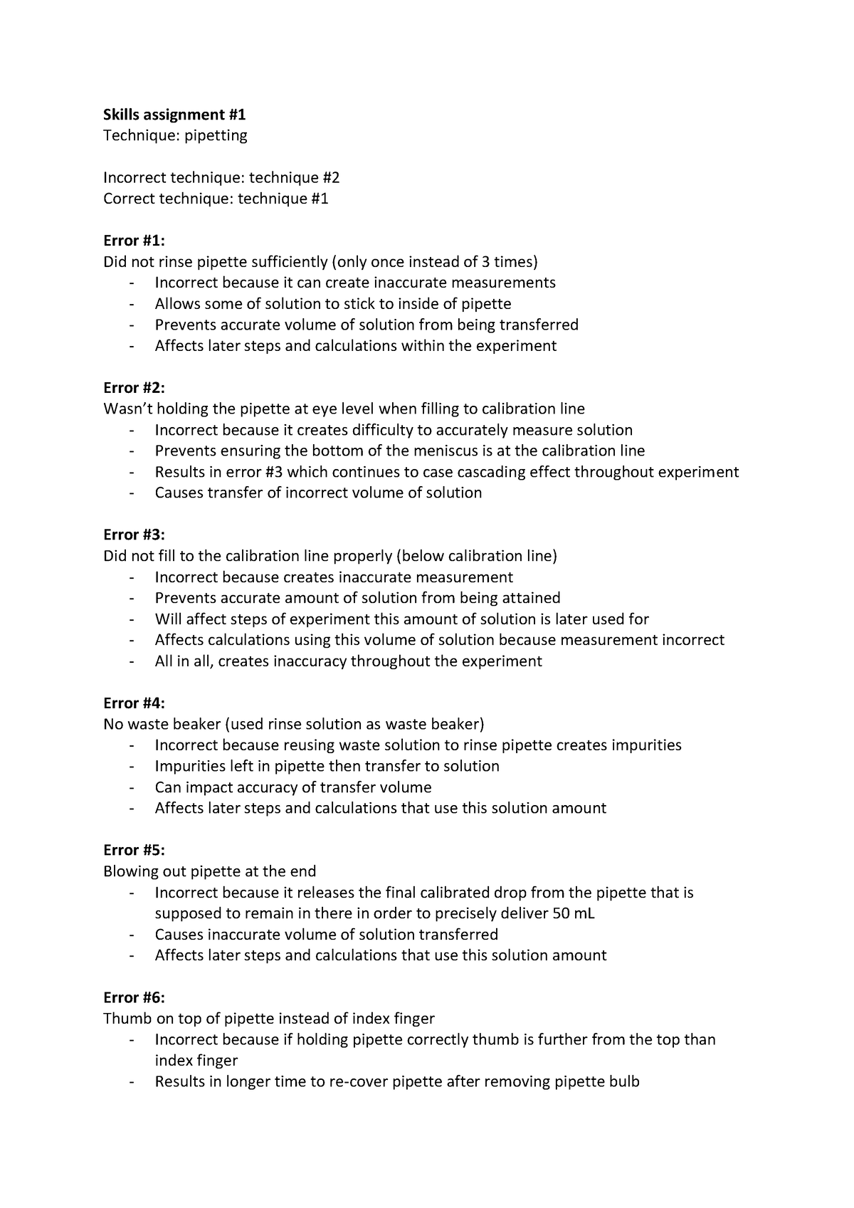 Skills assignment 1- pipetting - Skills assignment # Technique ...