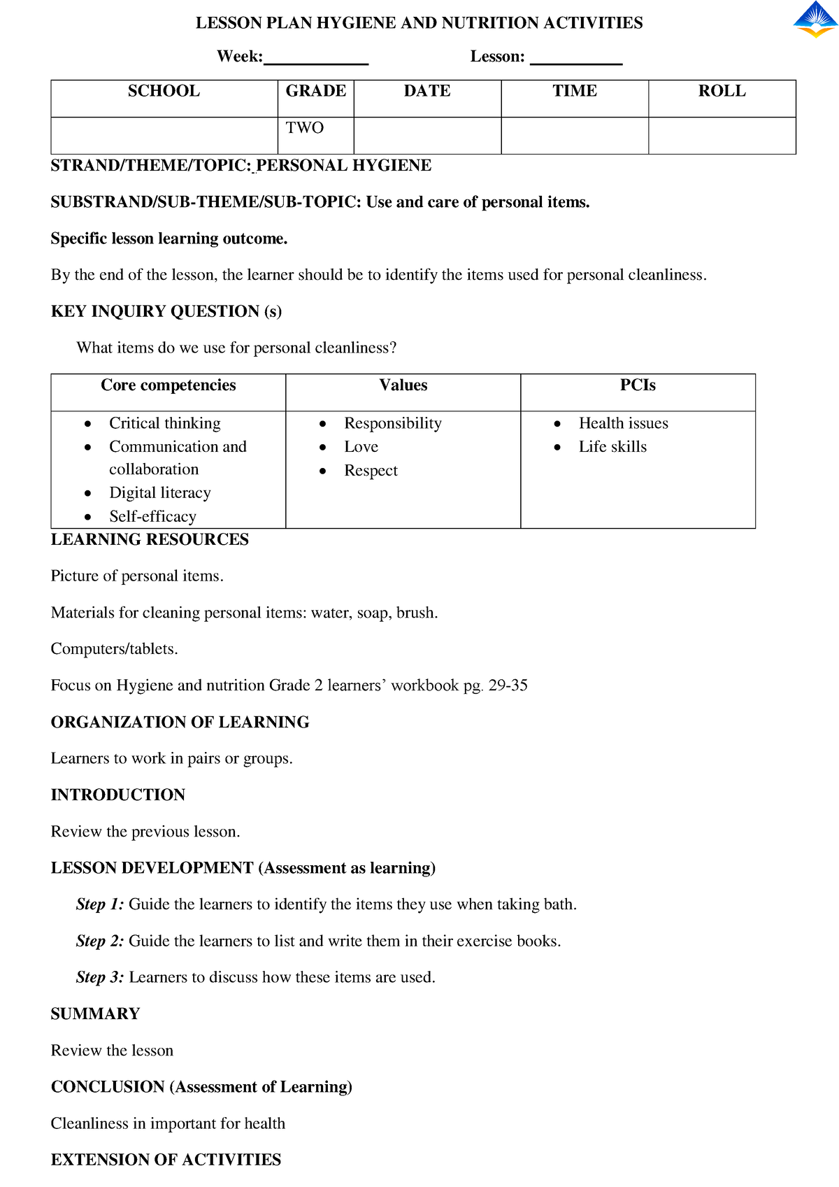 Grade 2 Personal Hygiene Lesson Plans Hygiene And Nutrition Word Format Lesson Plan Hygiene 0176