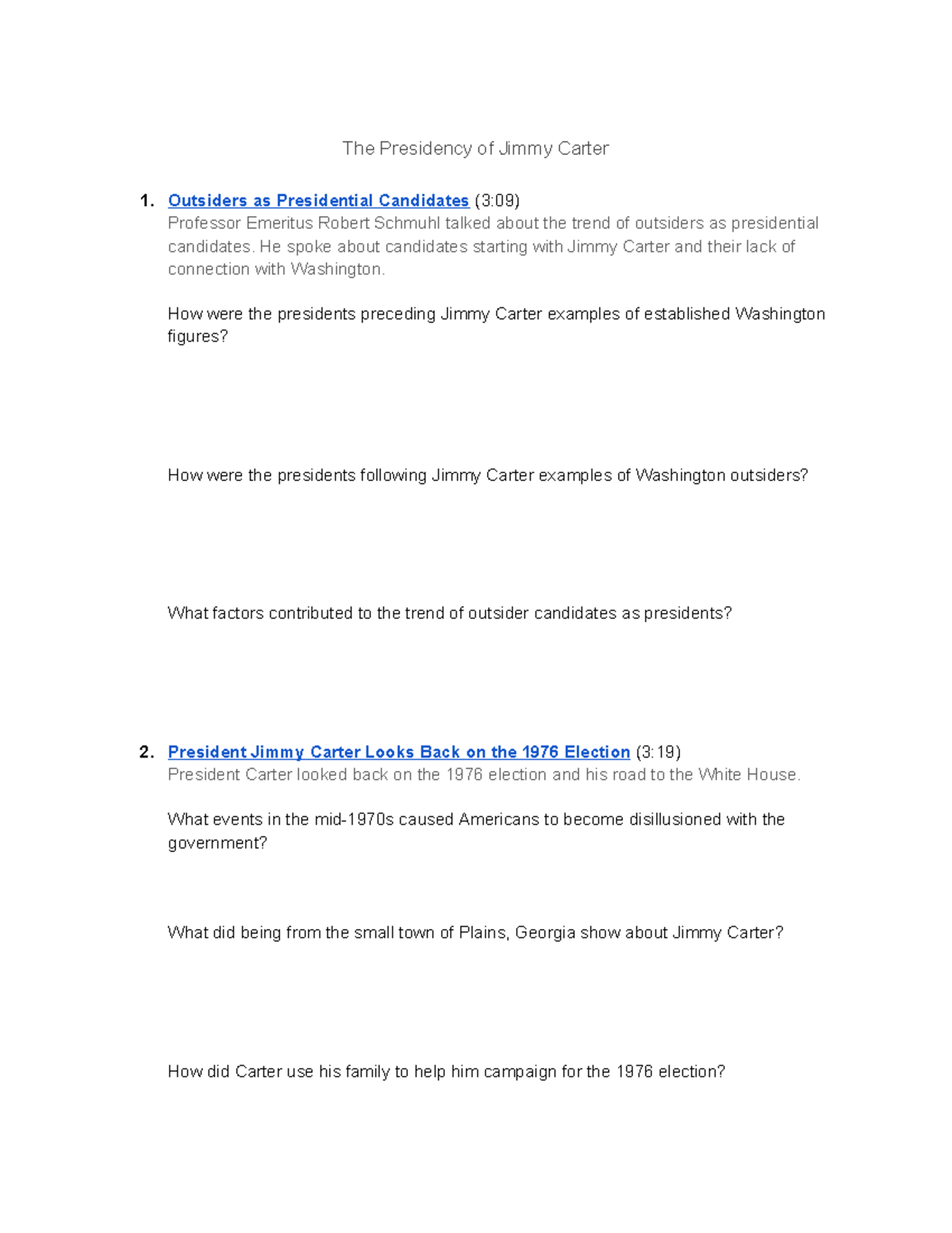 Jimmy Carter Lesson Questions - The Presidency Of Jimmy Carter 