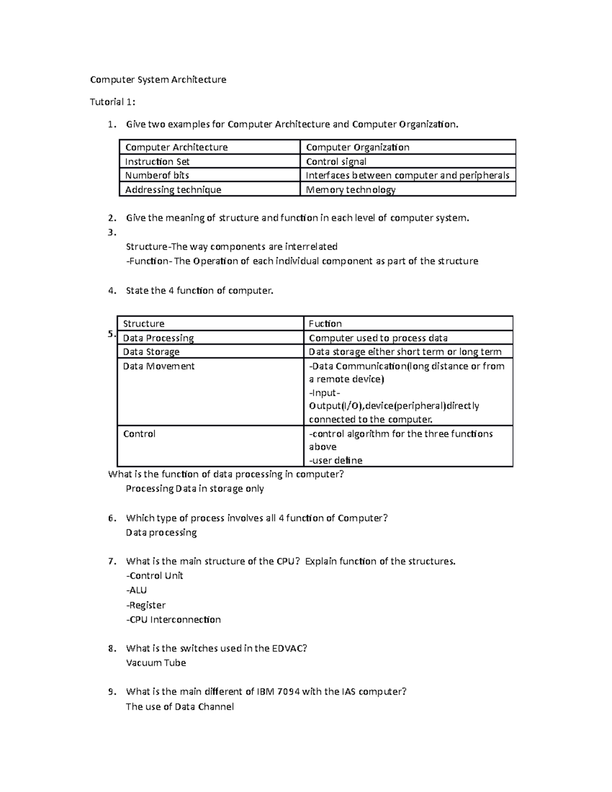 CSA Tutorial 1 - Computer System Architecture Tutorial 1: Give two ...