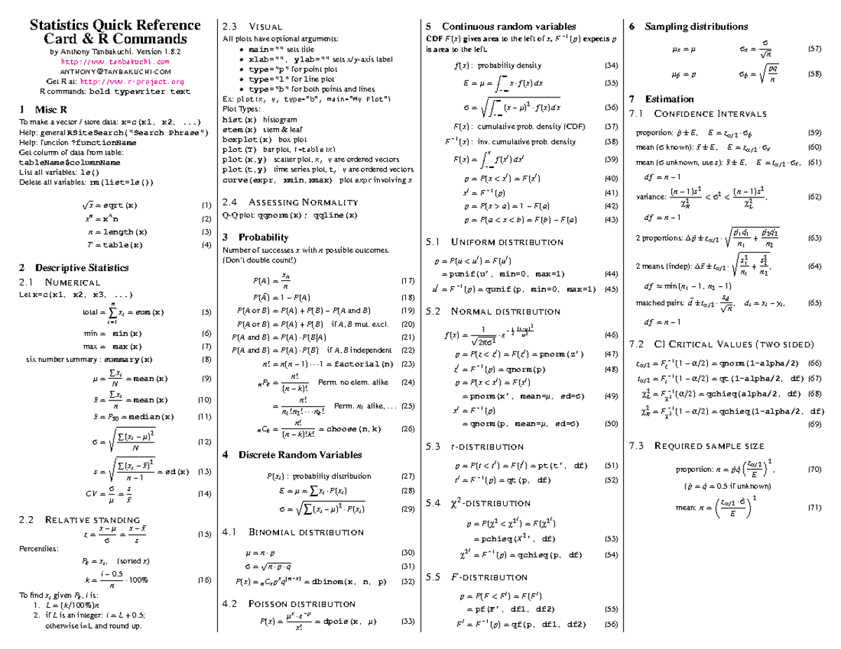 Lecture notes, lecture Equation Sheet - Statistics Quick Reference Card ...