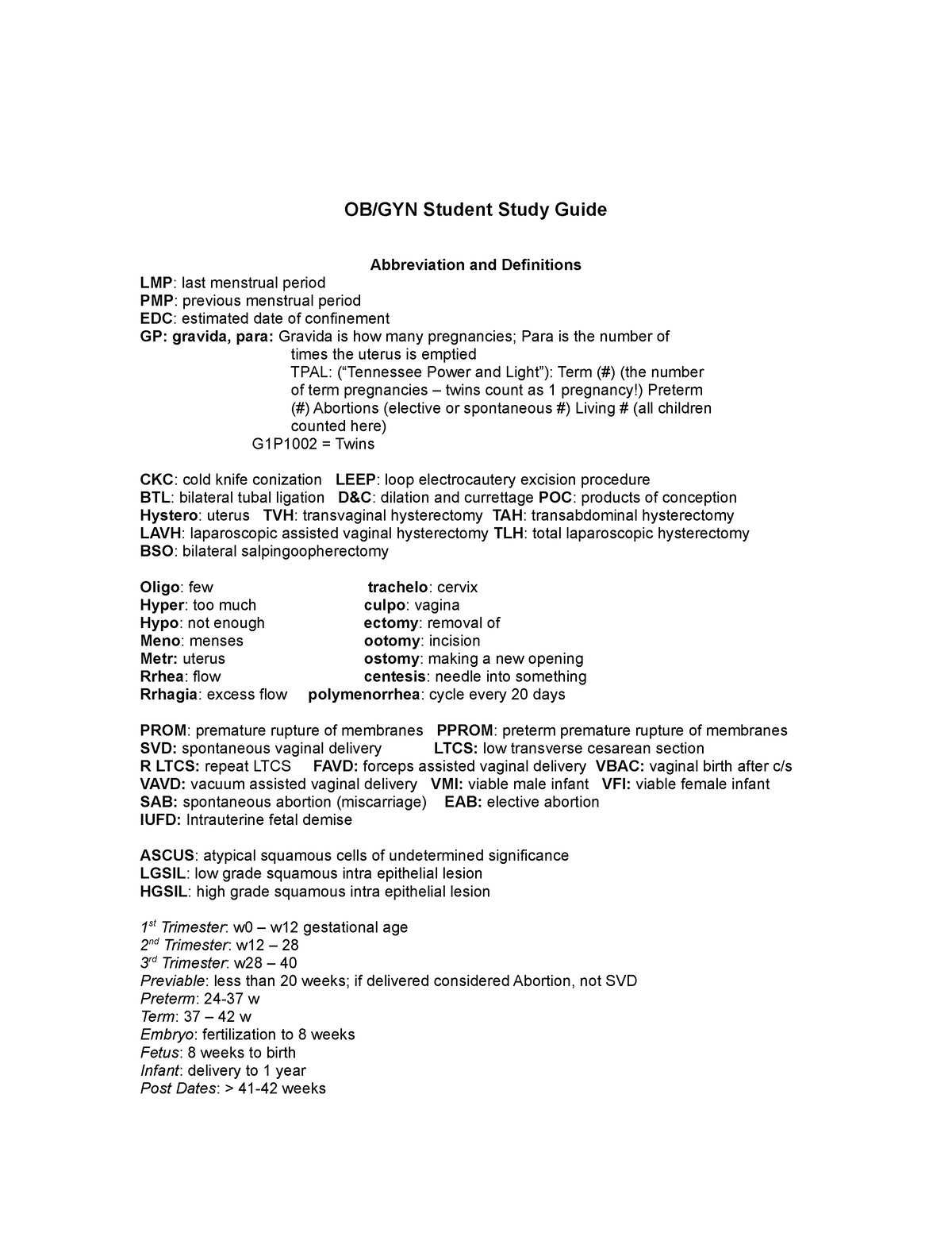 B Study Guide For Obgyn - OB/GYN Student Study Guide Abbreviation And ...