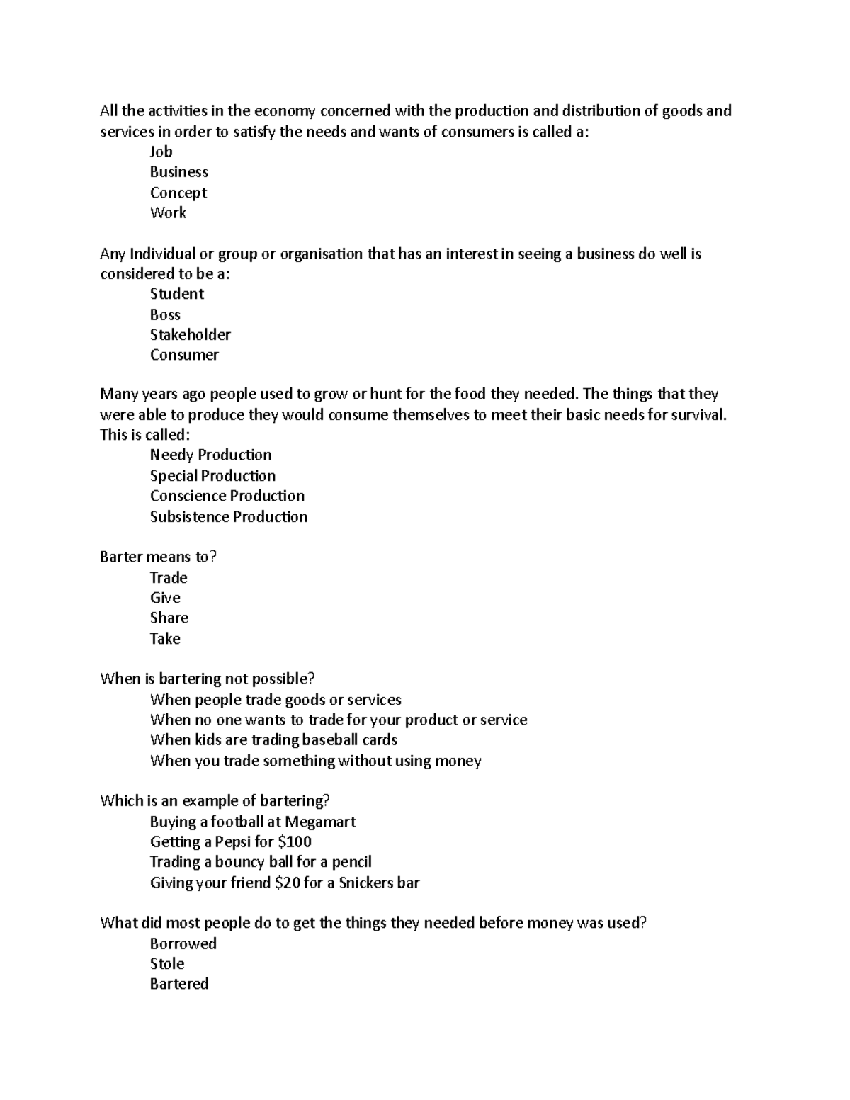 Development of the Barter System Exit Quiz All the aciviies in the