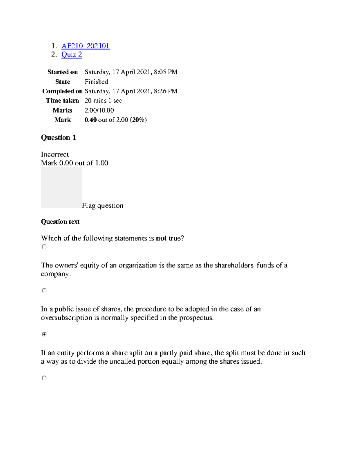 Quiz 2 1630024253 - Notes - 1. AF210_ Quiz 2 Started on Saturday, 17 ...