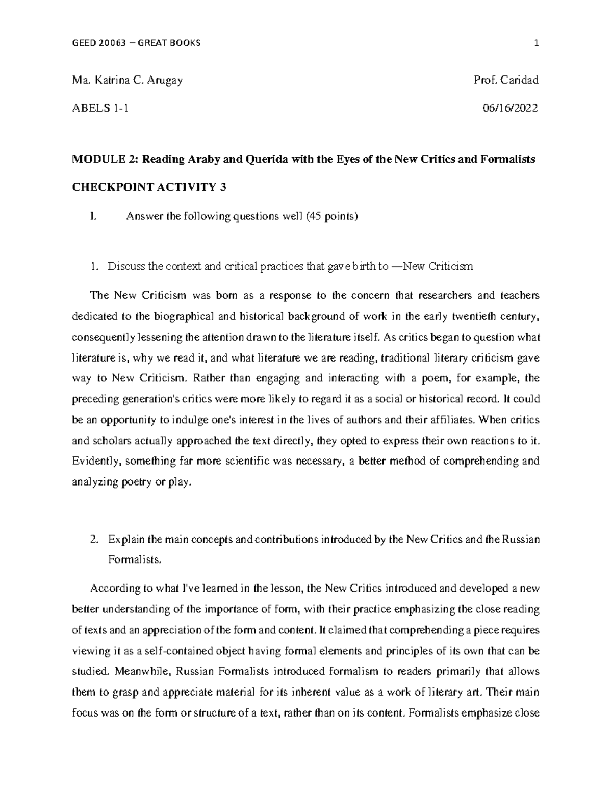 Module 2, Checkpoint Activity 3 - Ma. Katrina C. Arugay Prof. Caridad ...