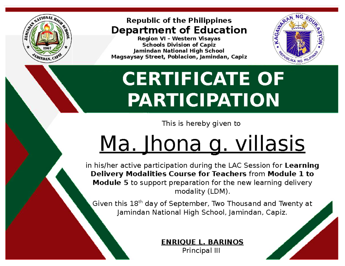 Certificates for LAC Session - Department of Education Region VI ...