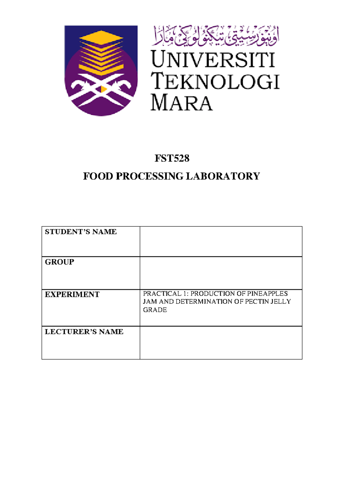 FST528 Sugaring JAM FST52 8 FOOD PROCESSING LABORATORY STUDENT’S NAME