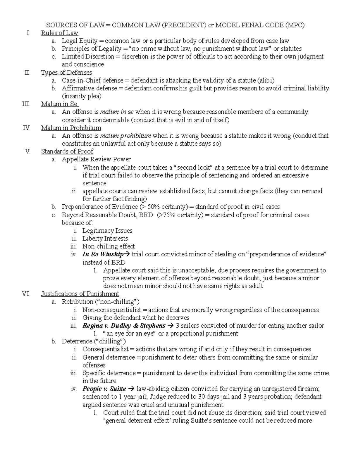 Criminal Law - Full Outline - SOURCES OF LAW = COMMON LAW (PRECEDENT ...