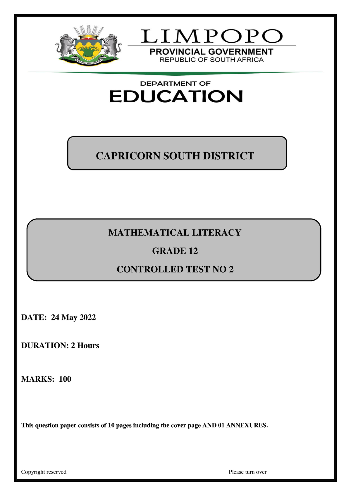 2022 Grade 12 ML TEST 2 MATHS LITERACY EXAM PAPER CAPRICORN SOUTH 