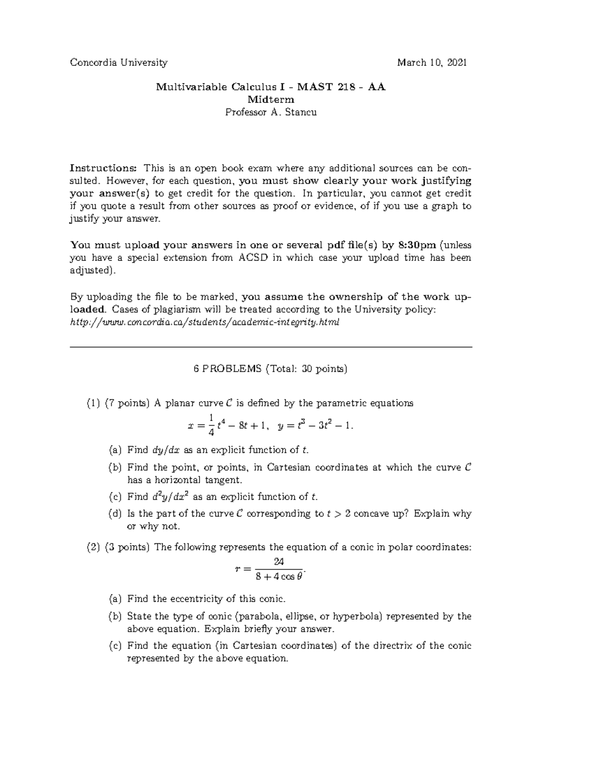 Midterm Exam MAST 218 Winter 2021 Sample - Concordia University March ...