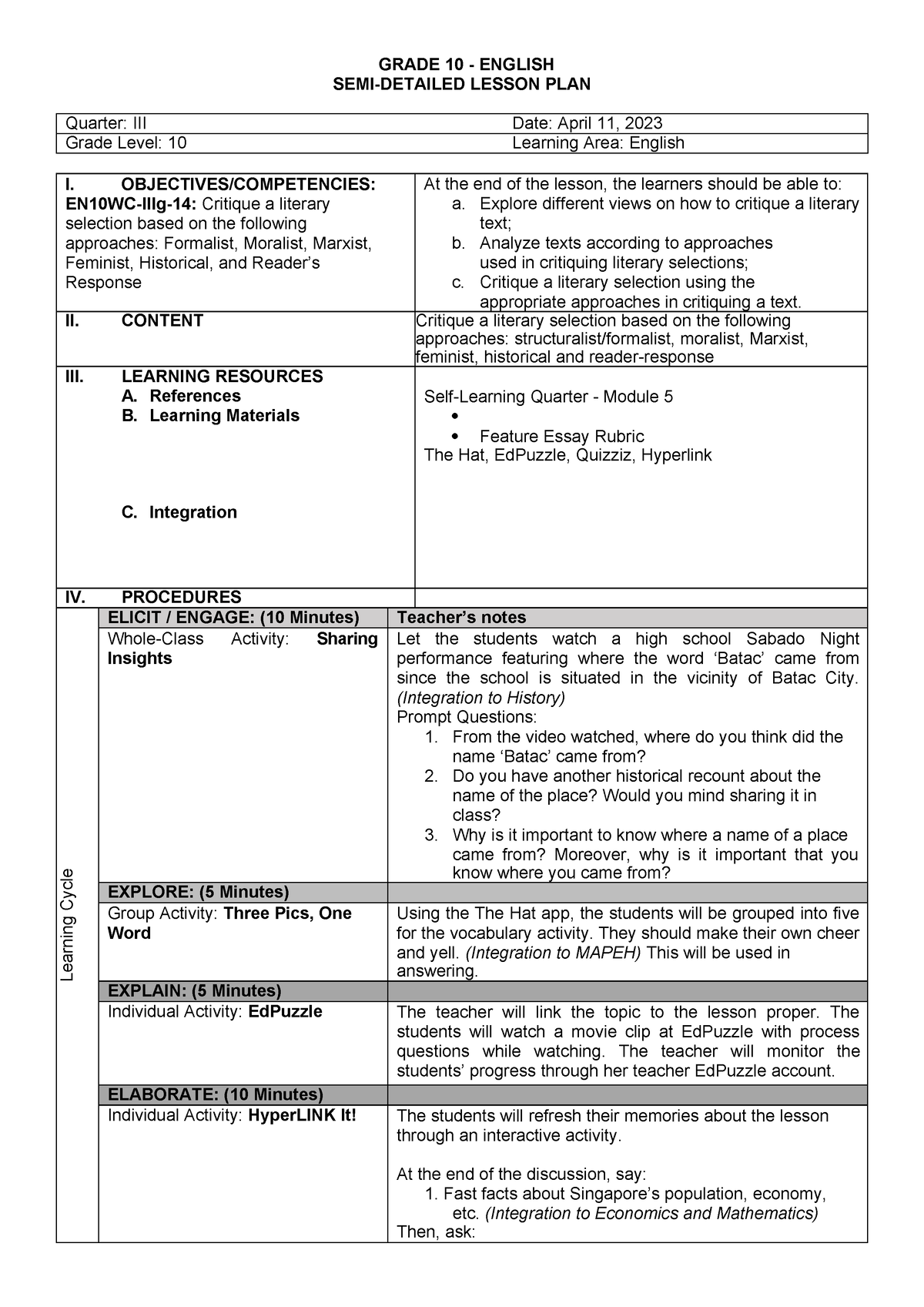 3rd LP - LESSON PLAN LESSON PLAN - GRADE 10 - ENGLISH SEMI-DETAILED ...