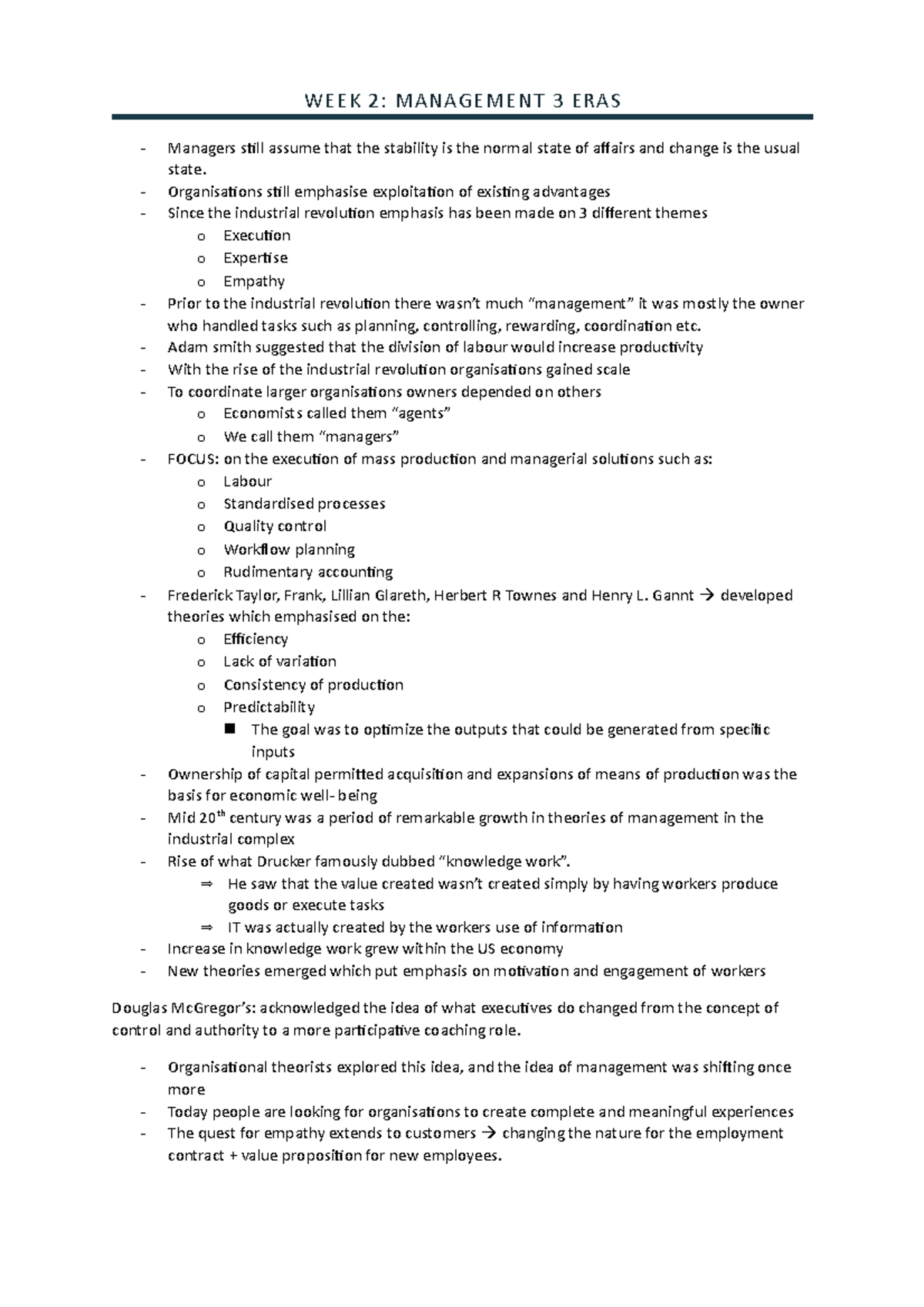 Week 2- Notes (MPO) - WEEK 2: MANAGEMENT 3 ERAS Managers still assume ...