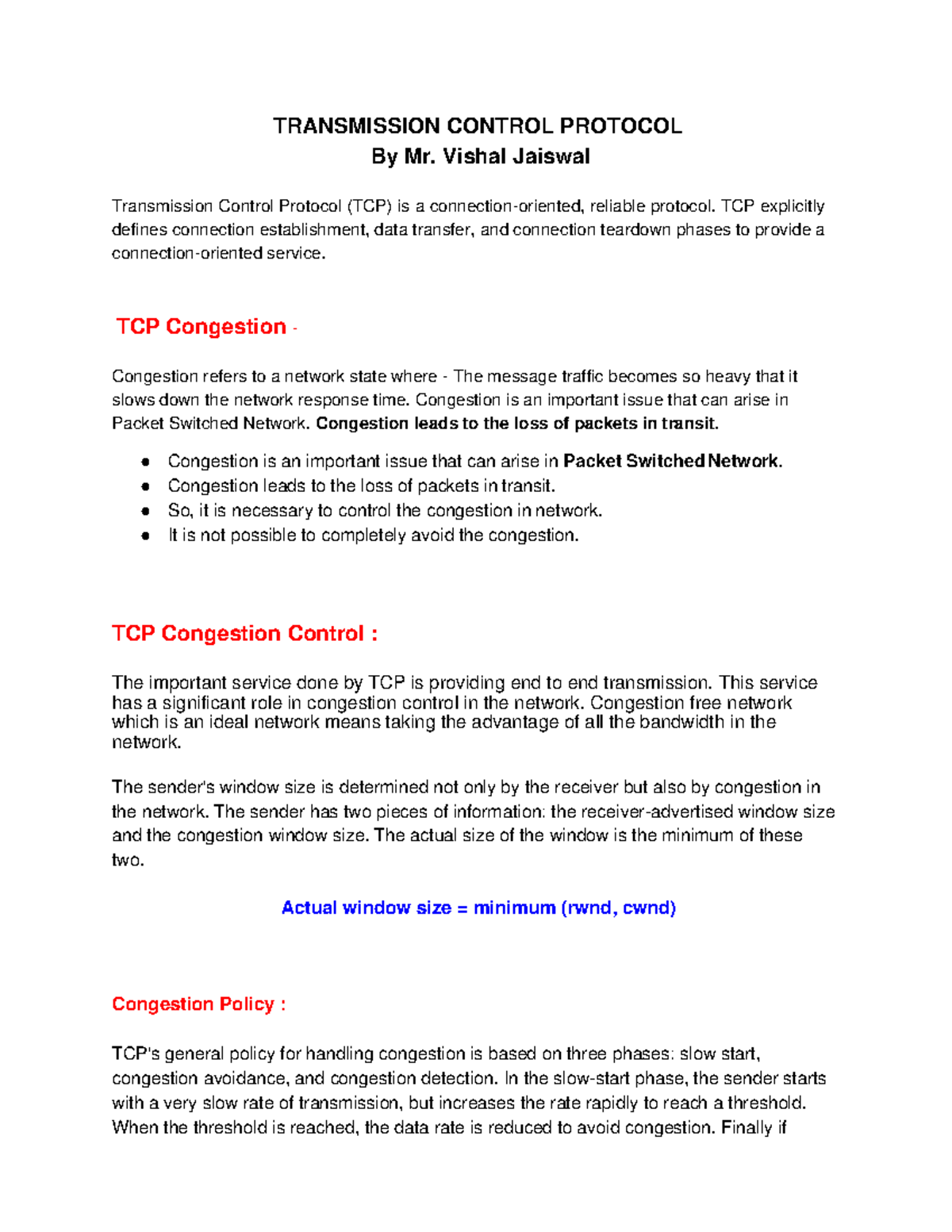 TCP - TRANSMISSION CONTROL PROTOCOL By Mr. Vishal Jaiswal Transmission ...