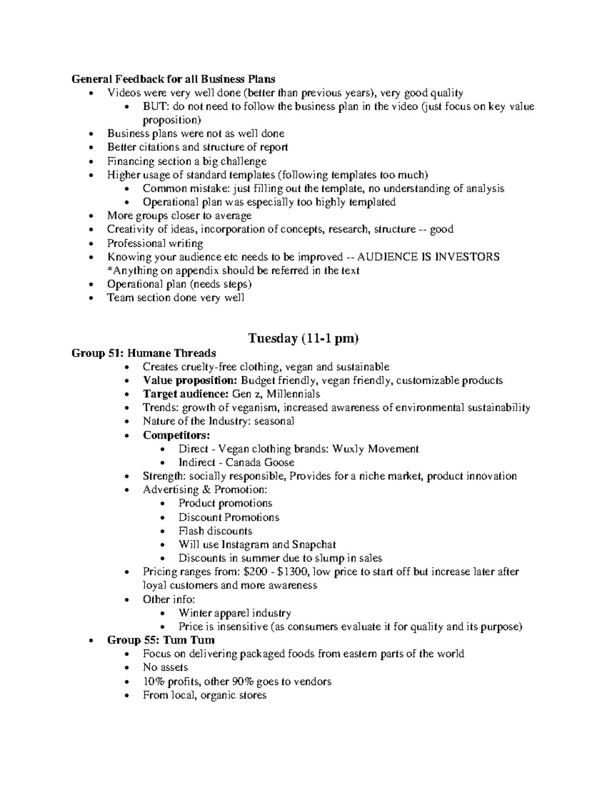 Case comp General Feedback for all Business Plans