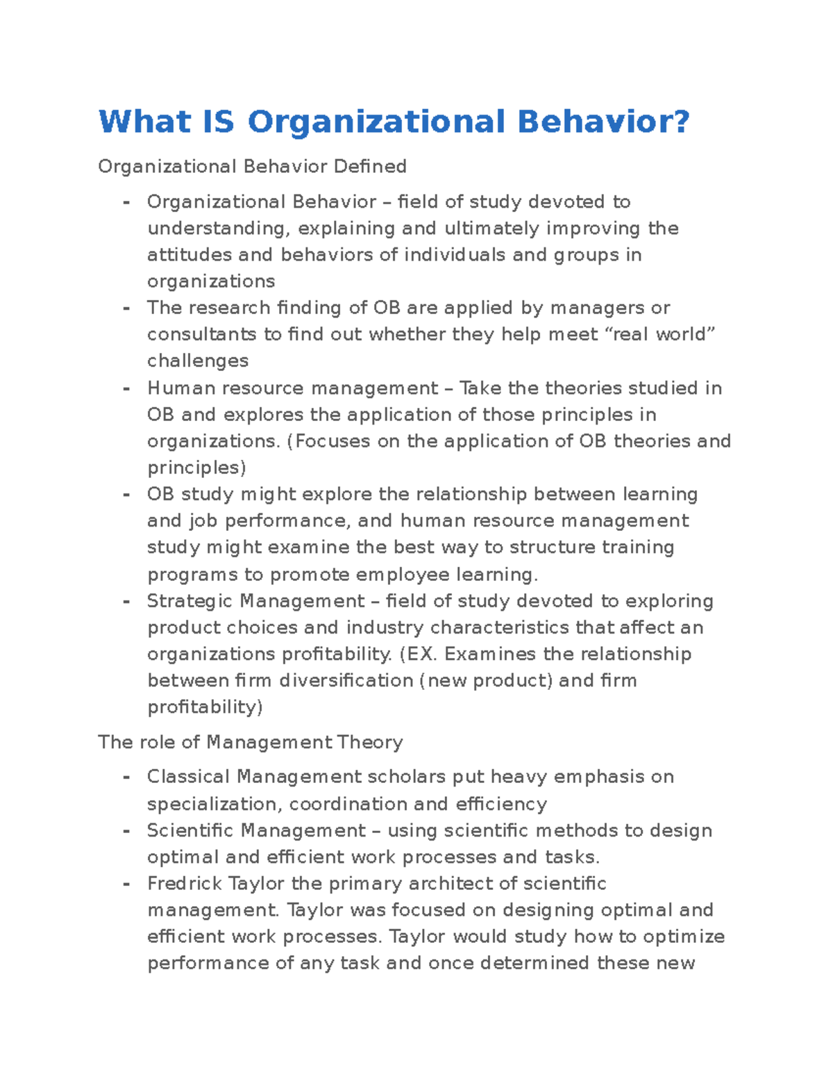 Chapter 1 MOS - lecture notes - What IS Organizational Behavior ...