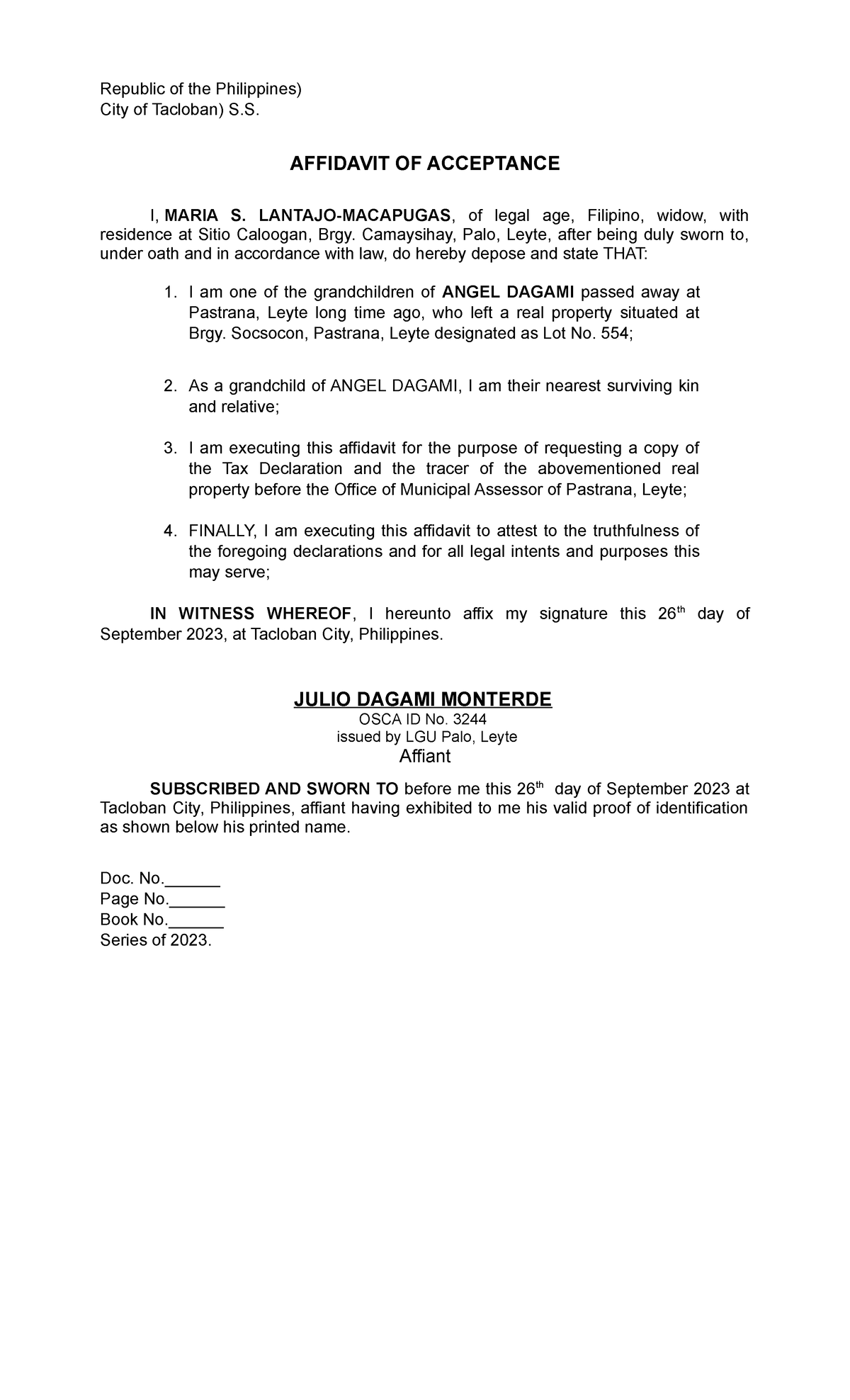 Affidavit Of Kinship Republic Of The Philippines City Of Tacloban S Affidavit Of Acceptance 2983