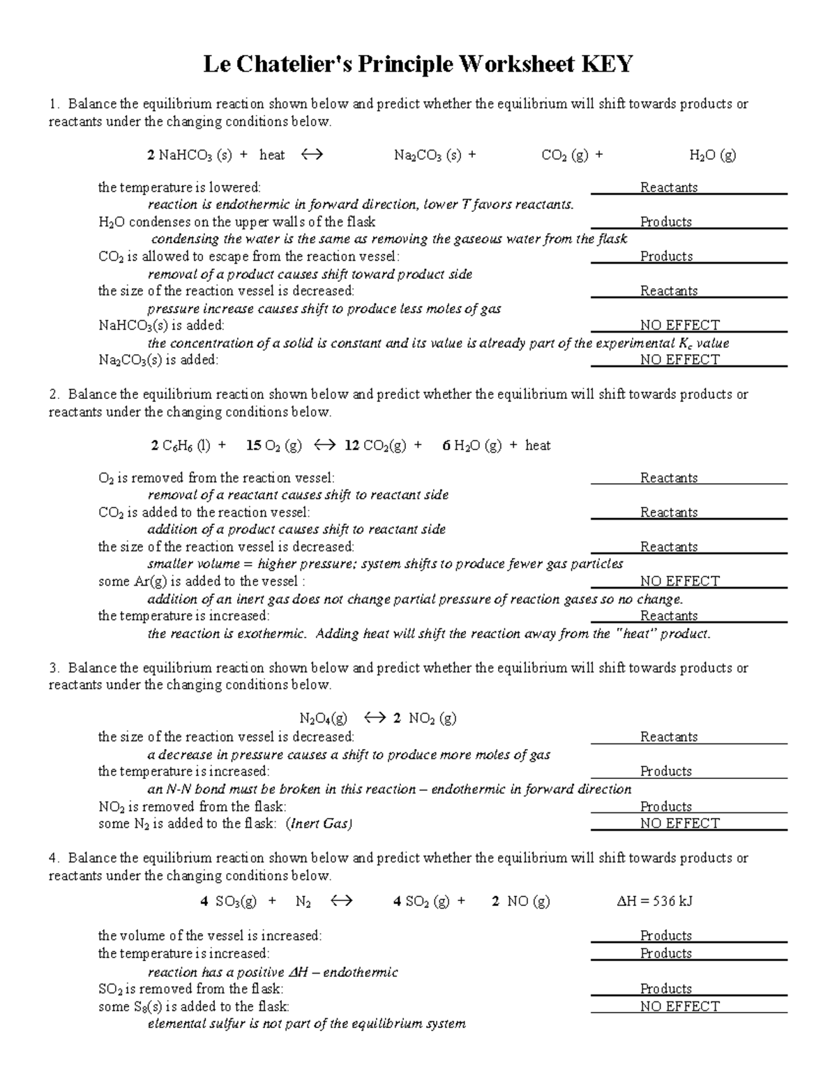 Le Chateliers WKS KEY Dr F Le Chatelier s Principle Worksheet KEY 