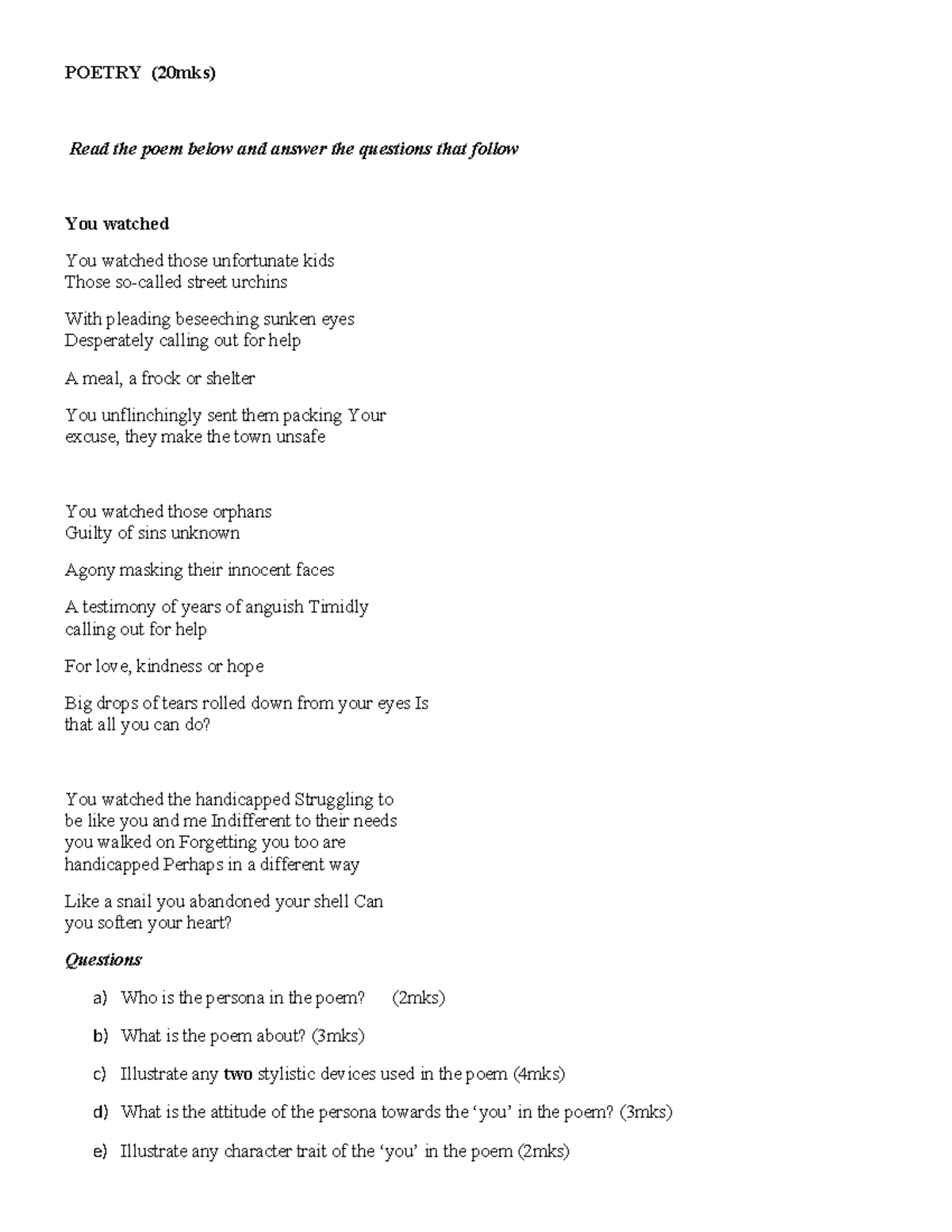 Poetry and Grammar - Revision questions - POETRY (20mks) Read the poem ...