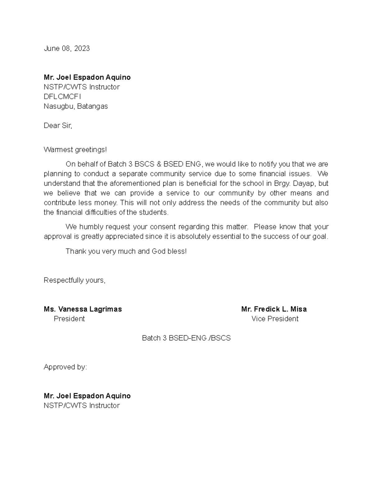 Request letter - June 08, 2023 Mr. Joel Espadon Aquino NSTP/CWTS ...