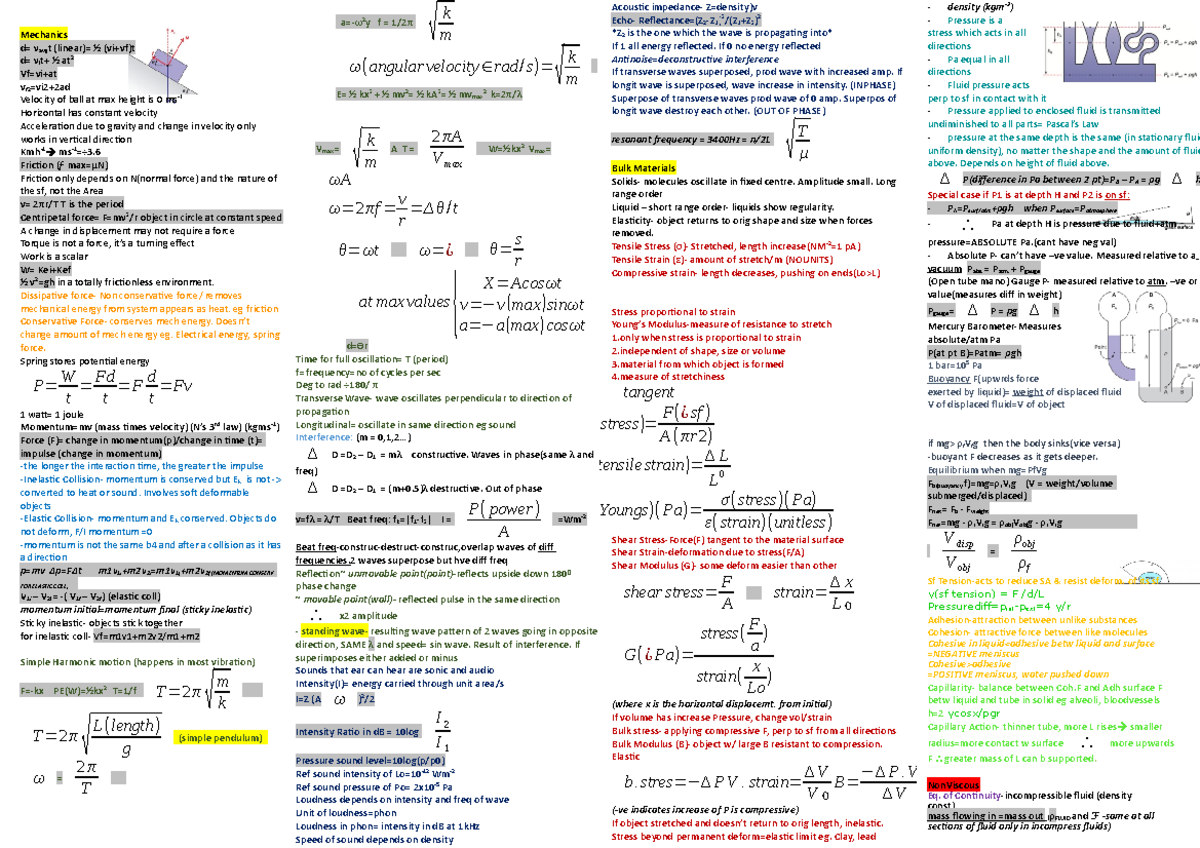 PHSI191 Cheatsheet of final exam - Mechanics d= vavgt (linear)= ½ (vi ...