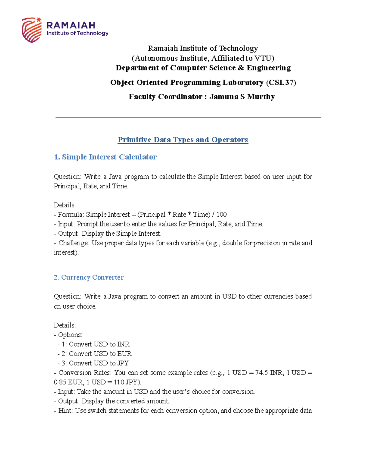 Java Programming Exercises 1-4text book - Ramaiah Institute of ... image.