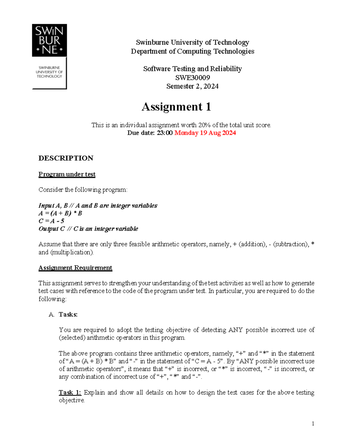 2024S2 - Assignment 1 - 1 Swinburne University of Technology Department ...