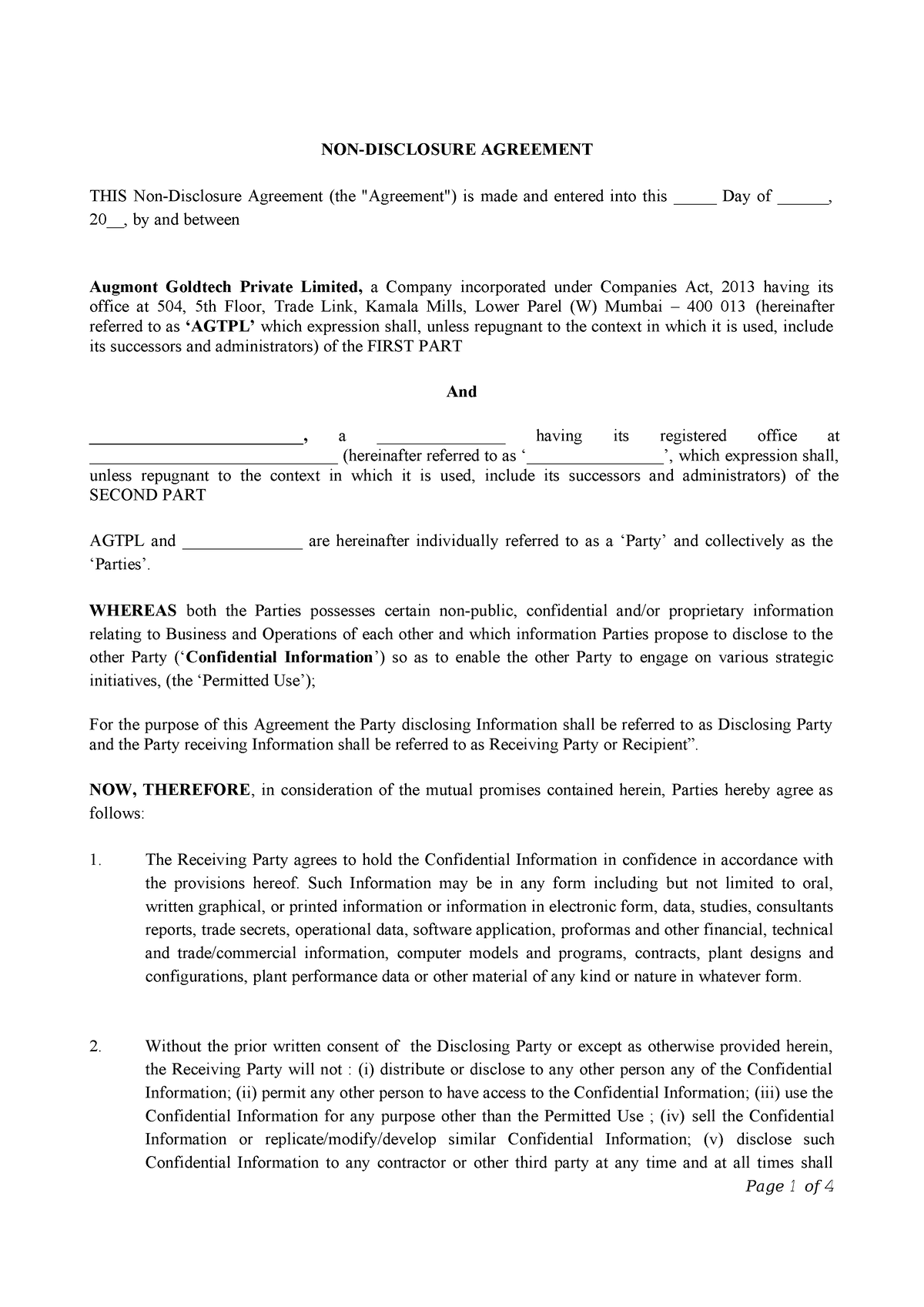 Draft.NDA. Agtpl - format - NON-DISCLOSURE AGREEMENT THIS Non ...