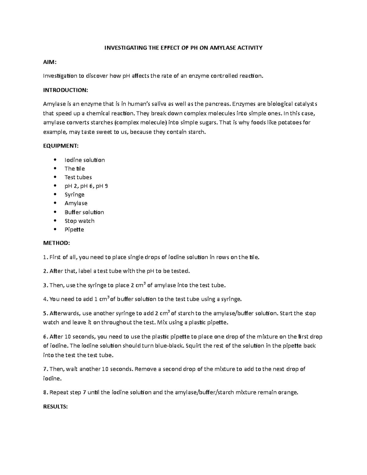 Investigating THE Effect OF PH ON Amylase Activity INVESTIGATING THE