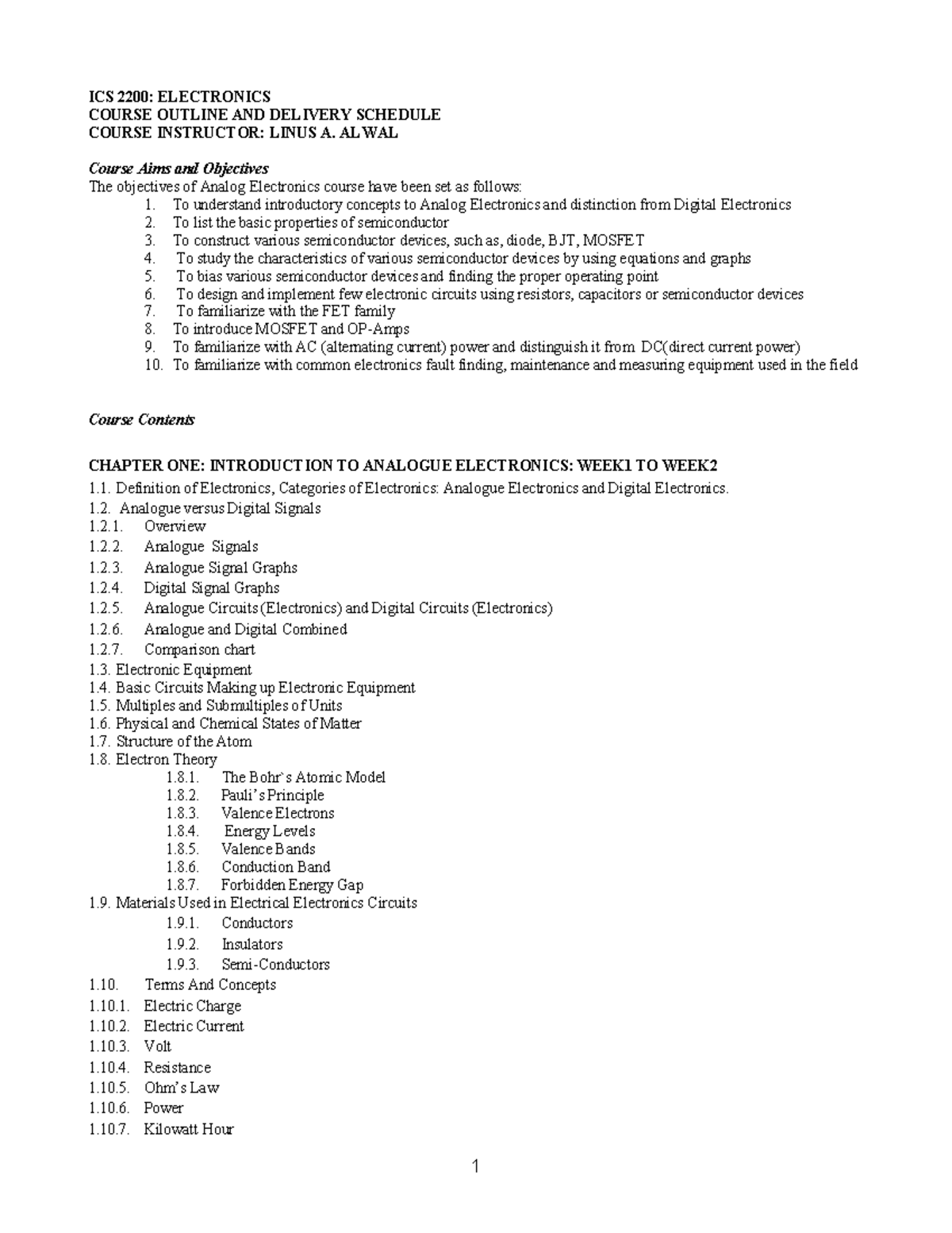 Electronics Course Outline - ICS 2200: ELECTRONICS COURSE OUTLINE AND ...