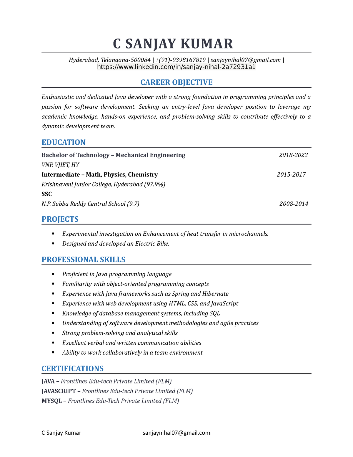 Sanjay Resume - C SANJAY KUMAR Hyderabad, Telangana-500084 | +(91 ...