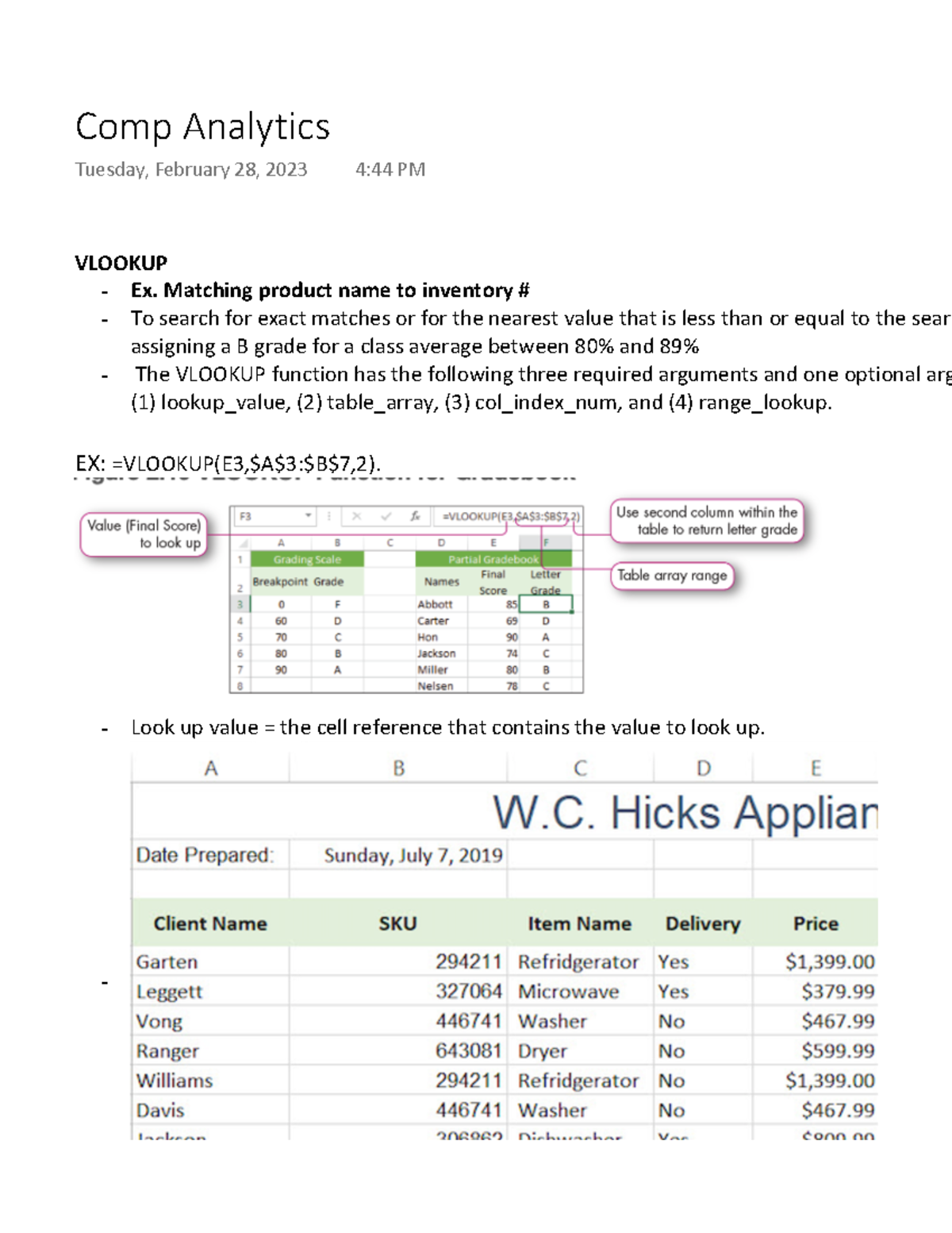 Comp Analytics Excel Notes - VLOOKUP Ex. Matching product name to ...