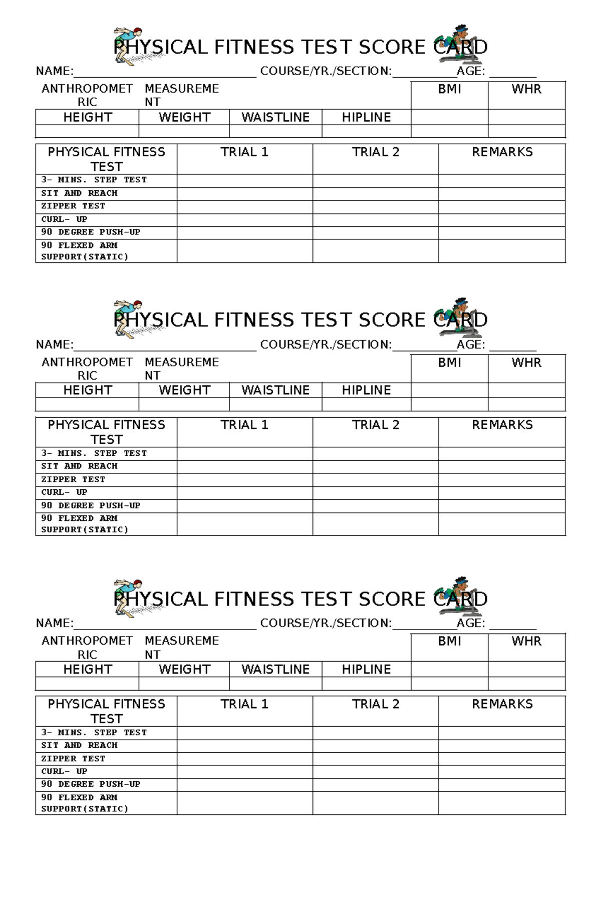 Physical Fitness TEST Score CARD PHYSICAL FITNESS TES T SCORE CARD