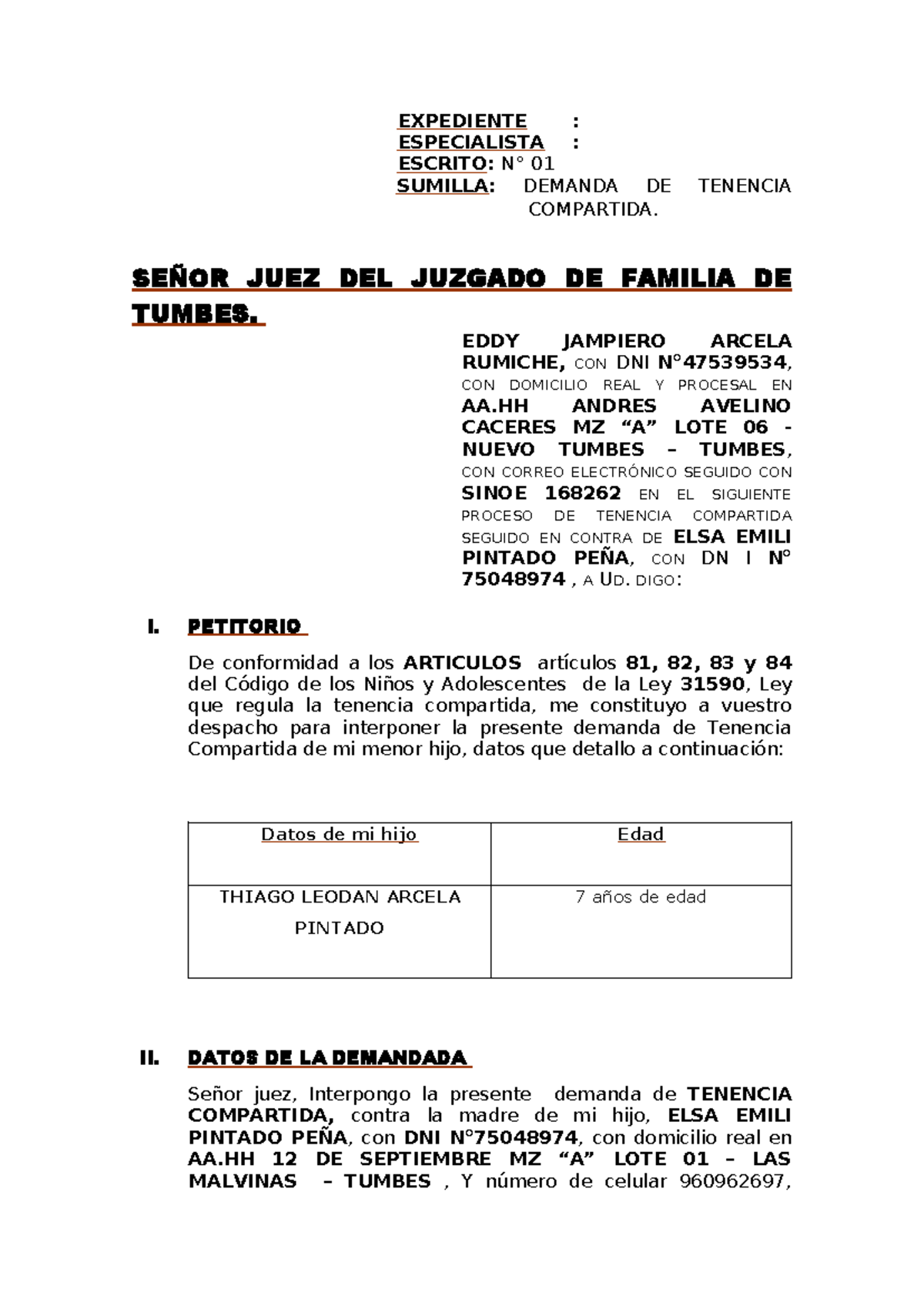 Demanda De Tenencia Compartida Expediente Especialista Escrito N° 01 Sumilla Demanda De 9960