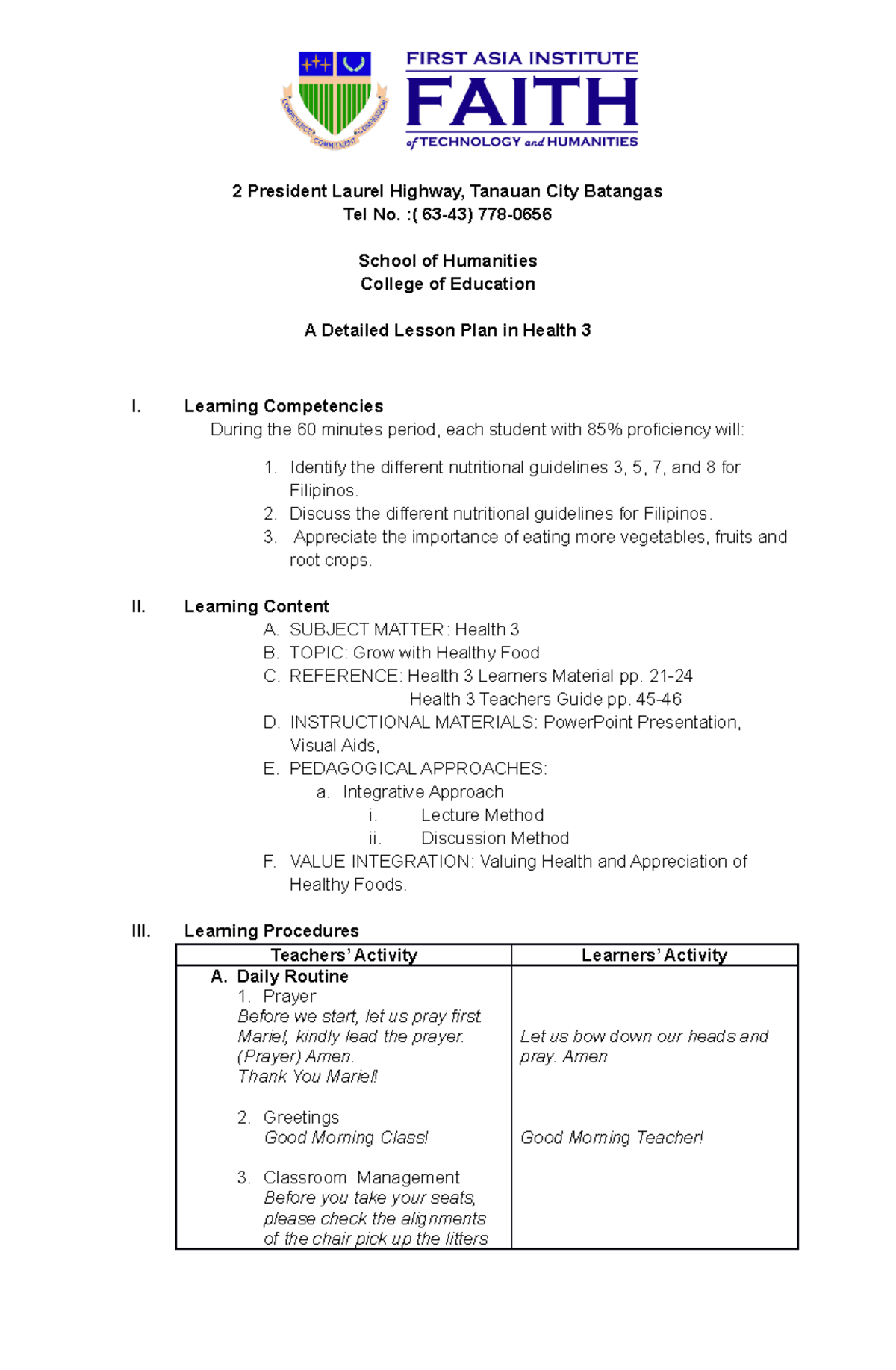 Detailed Lesson Plan in Health - 2 President Laurel Highway, Tanauan ...