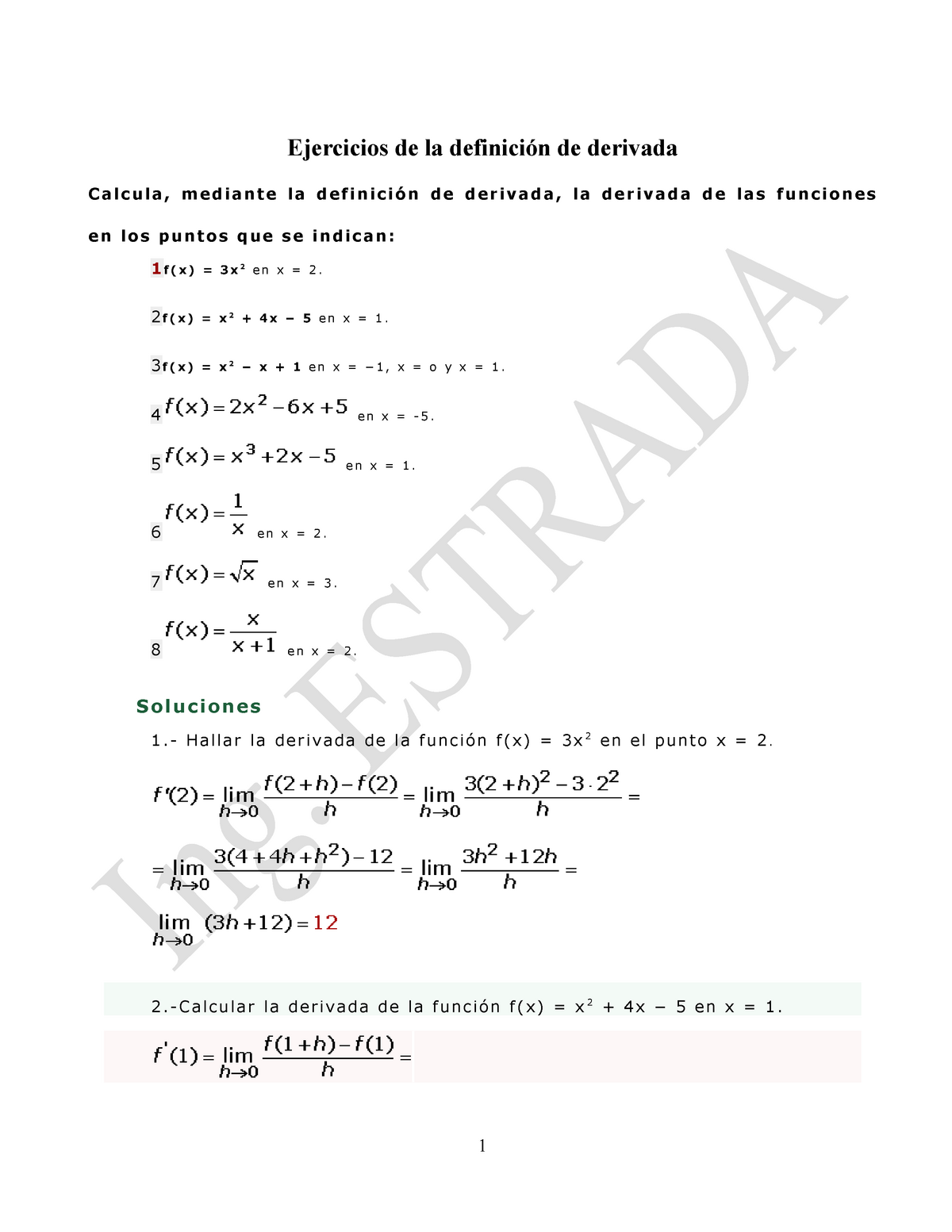 Derivada Ejercicios Resueltos Ejercicios De La Definici N De Derivada Calcula Mediante La