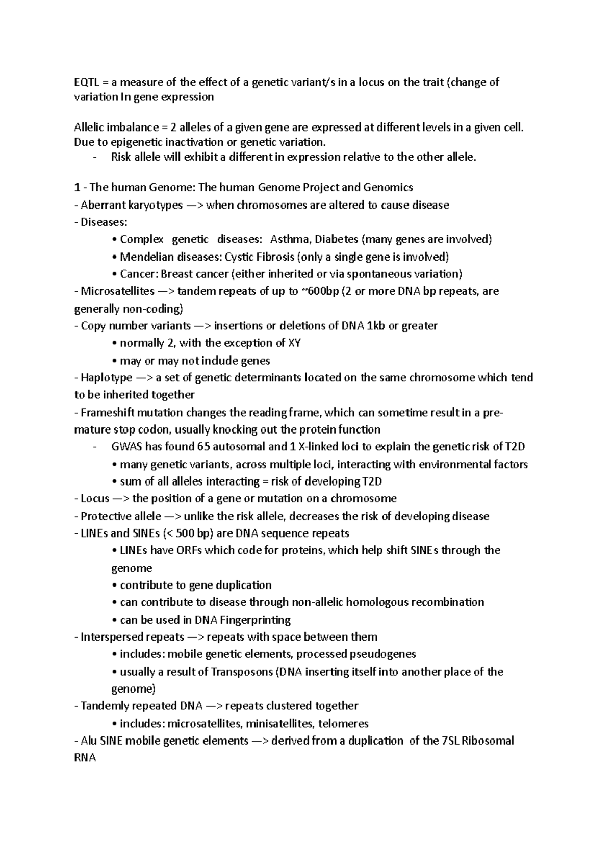 EQTL - lecture notes - EQTL = a measure of the effect of a genetic ...