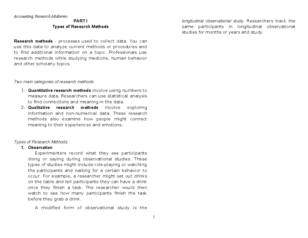 ACC Research Midterms Reviewer - PART I Types of Research Methods ...