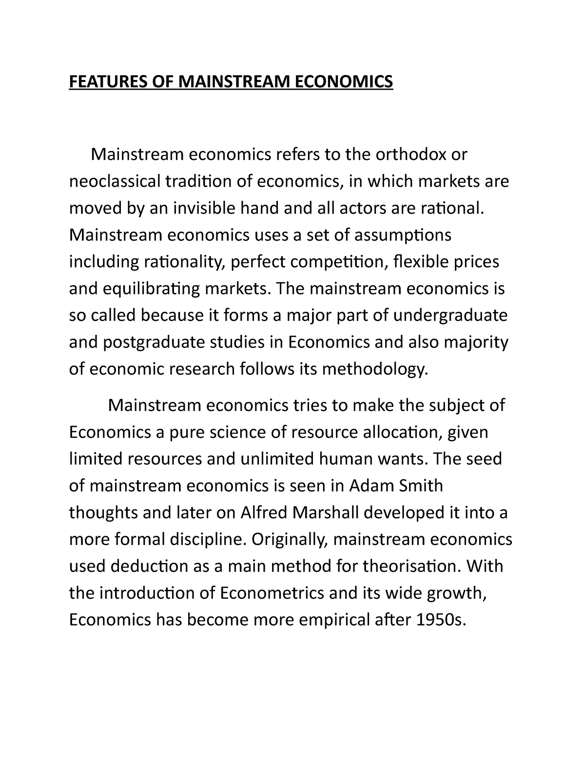 essay on mainstream economics