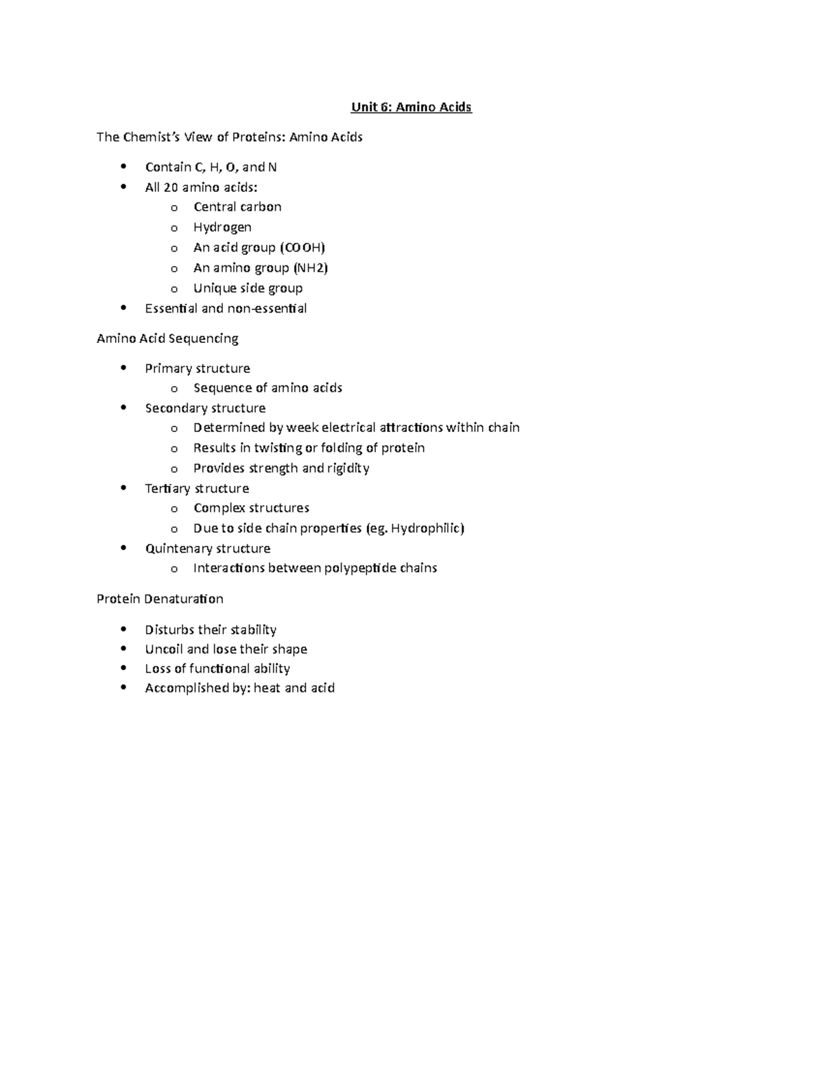 KIN 146; Final Exam Review Sheet Unit 6 Amino Acids The Chemist’s