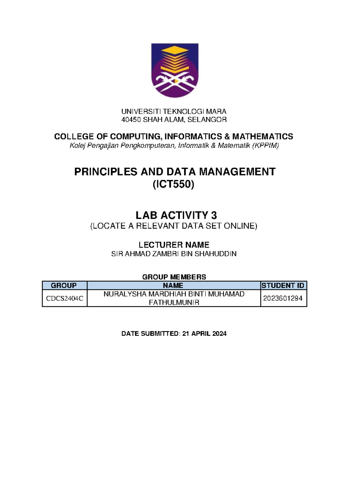 LAB 3 - DATASETS INTEL STOCK DATA - UNIVERSITI TEKNOLOGI MARA 40450 ...