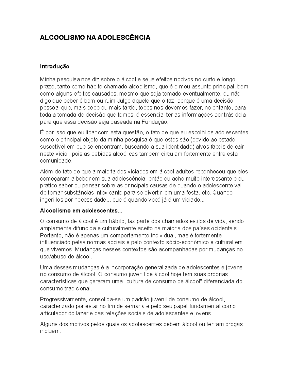 Alcoolismo NA Adolescência - ALCOOLISMO NA ADOLESCÊNCIA Introdução ...