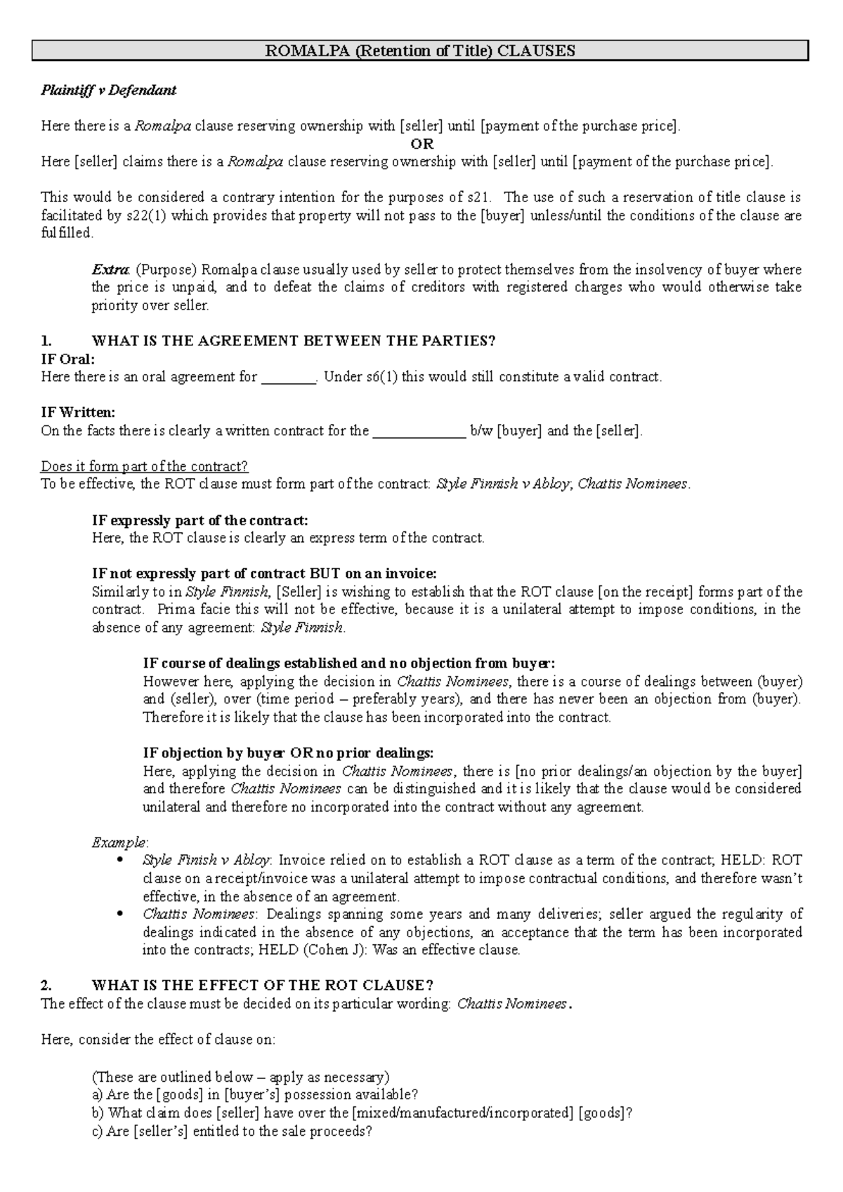 Romalpa (Retention Of Title) Clauses - Lecture notes, lecture 7 - 8 ...