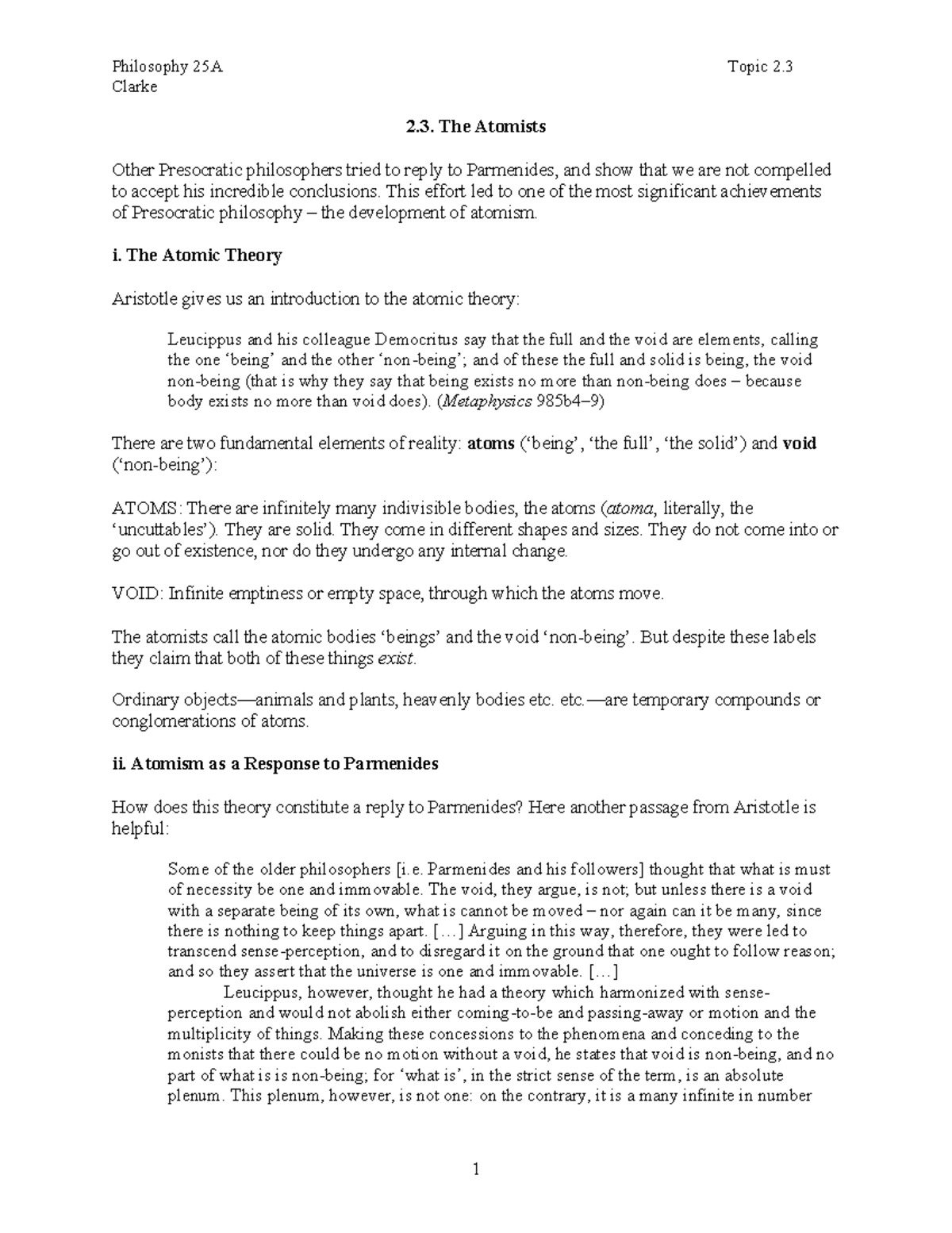 Lecture+notes+2 - Lecture 2 Part 3, The Atomists Notes - Philosophy 25A ...