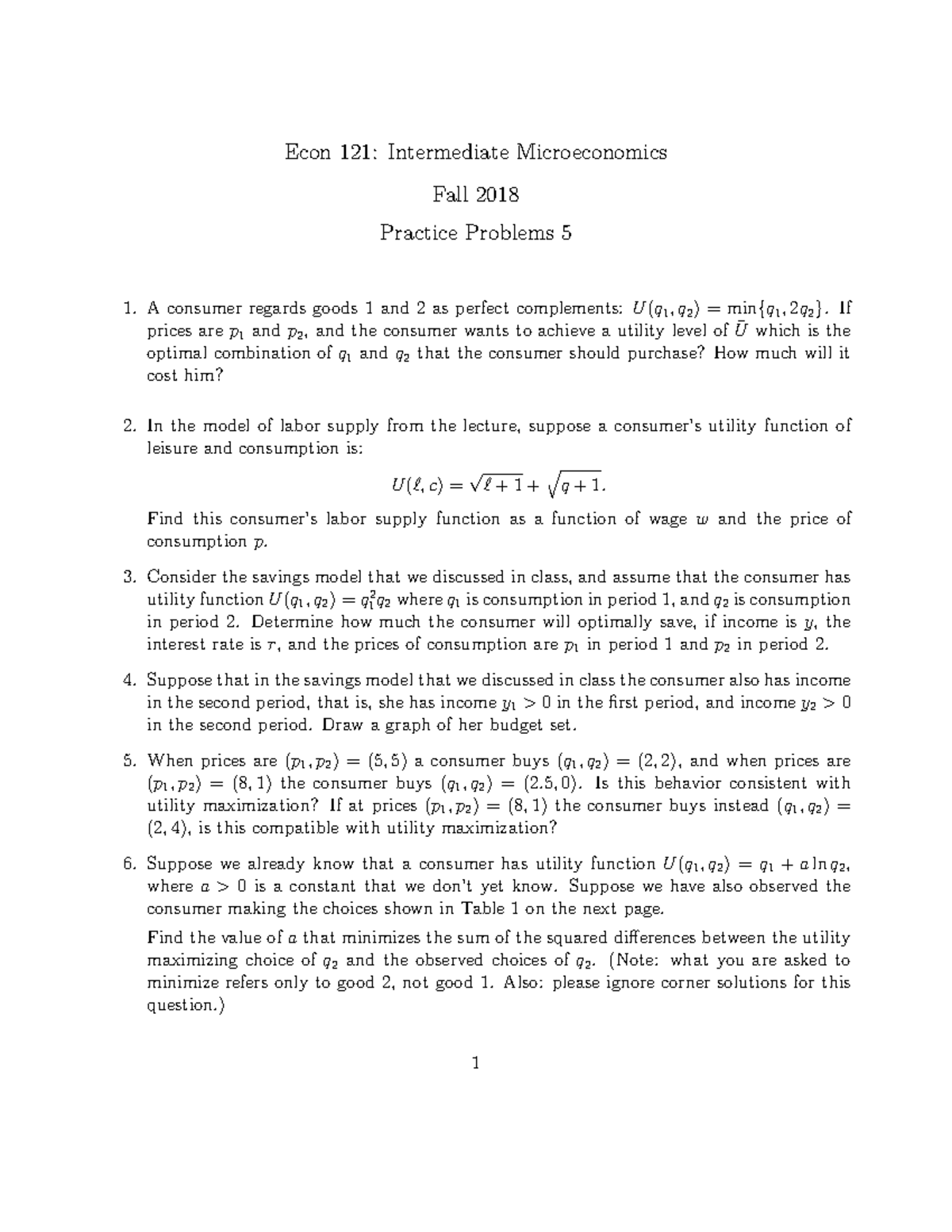 Practice Problems 5 Materials From Econ 121 At Yale With T Borgers Practice Problems 5 Materials From Econ 121 At Yale With T Borgers