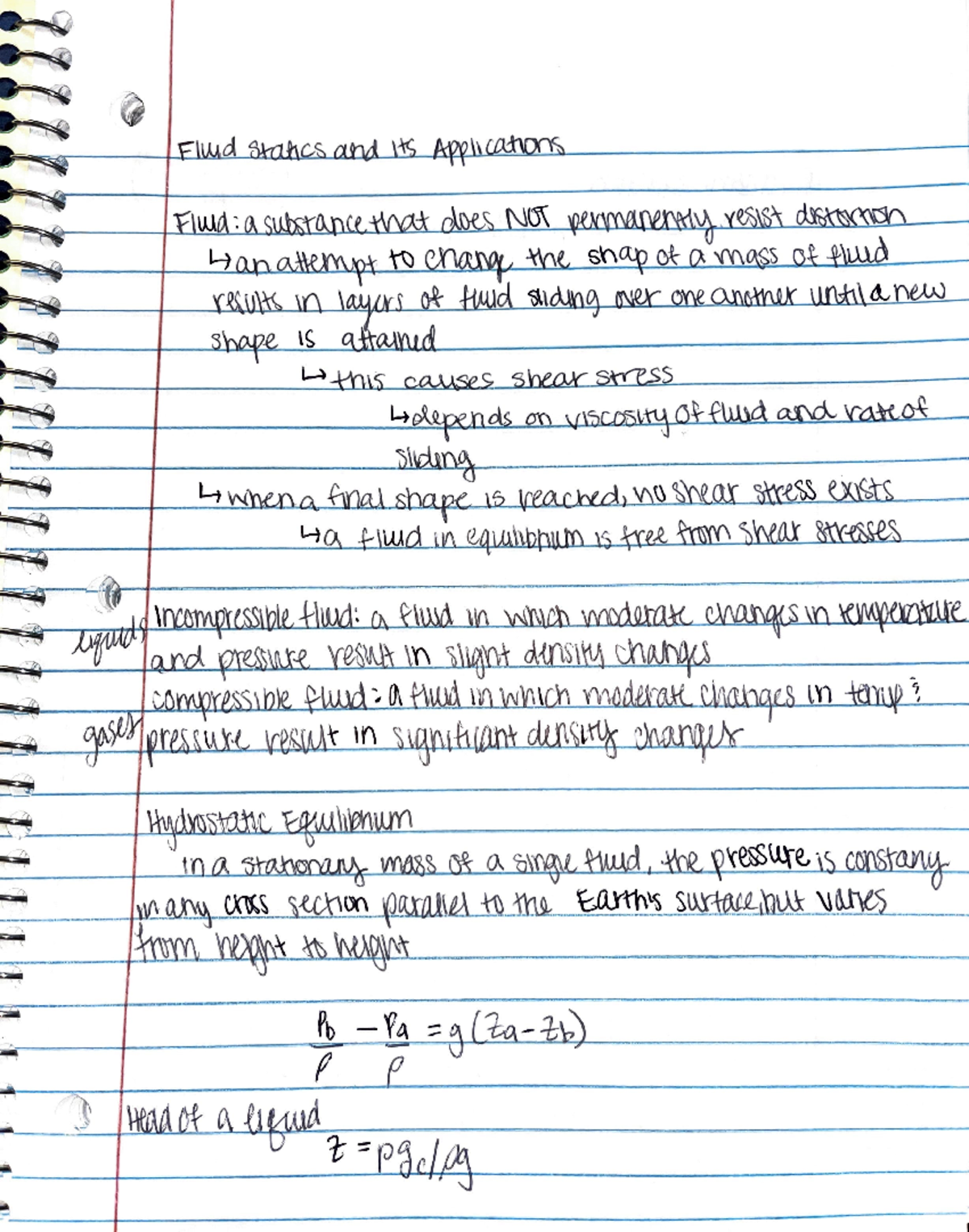 Fluid Statics Notes - CHE 2300 -~~~..u.u....-l ...