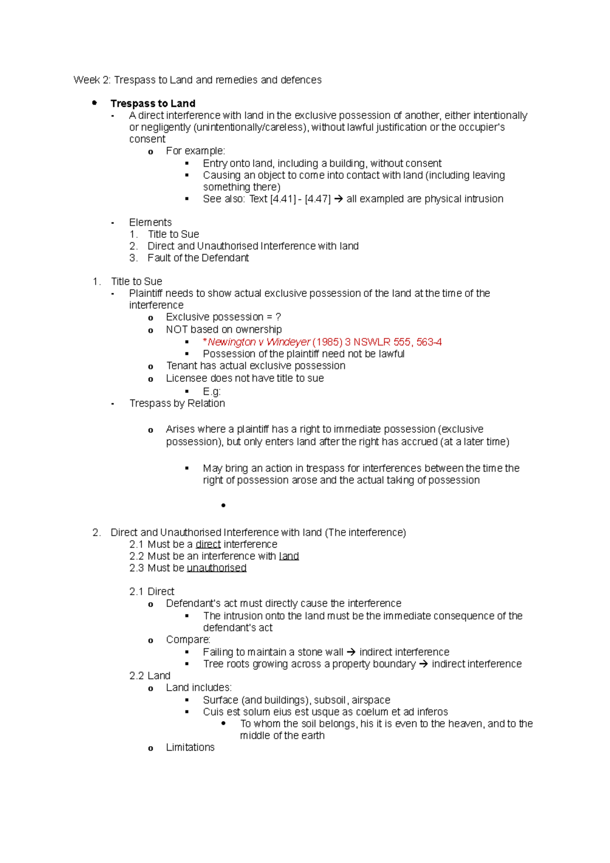 Week 2 Lecture notes LLB102 - Week 2: Trespass to Land and remedies and ...