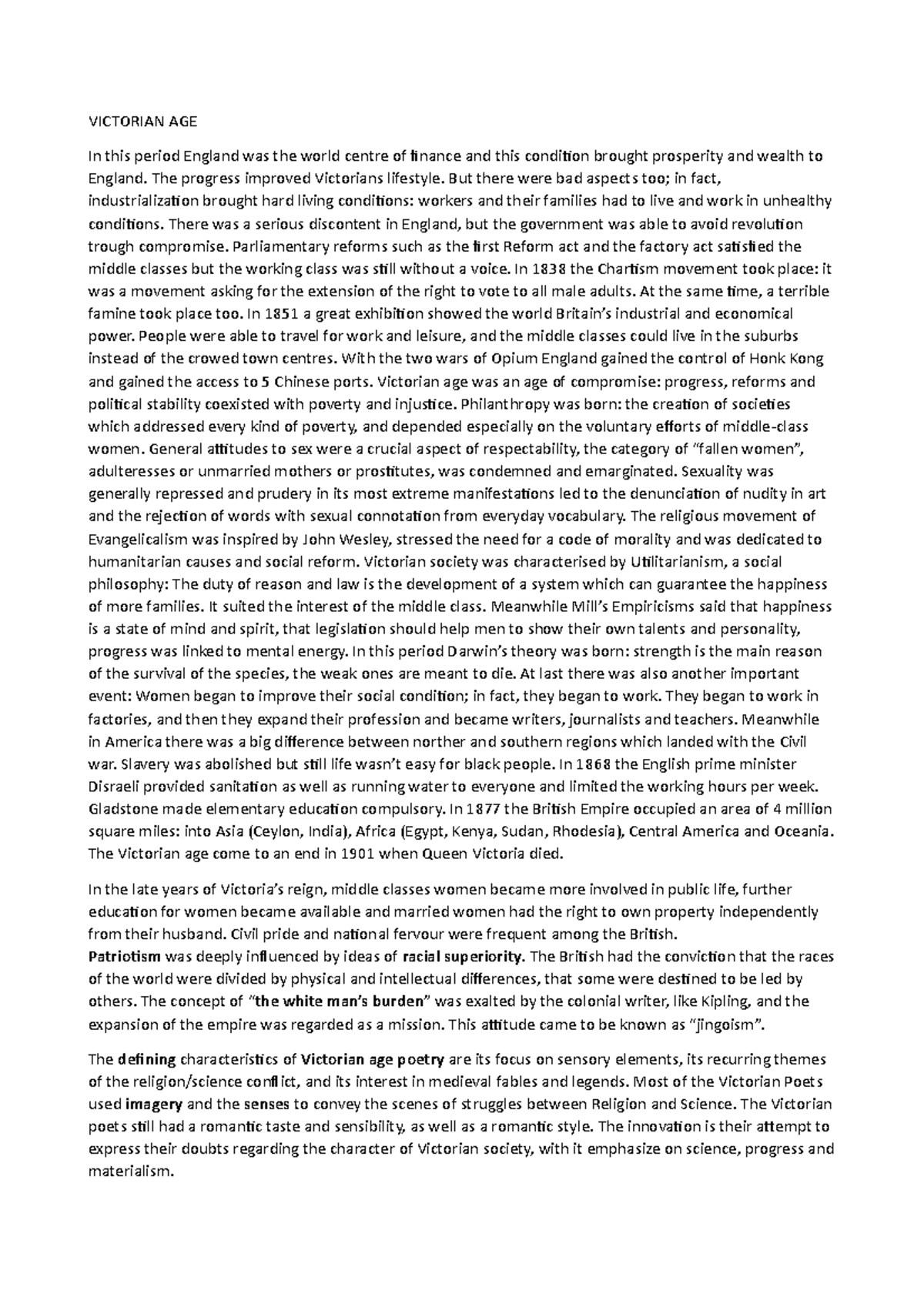 Victorian age riassunto breve VICTORIAN AGE In this period England